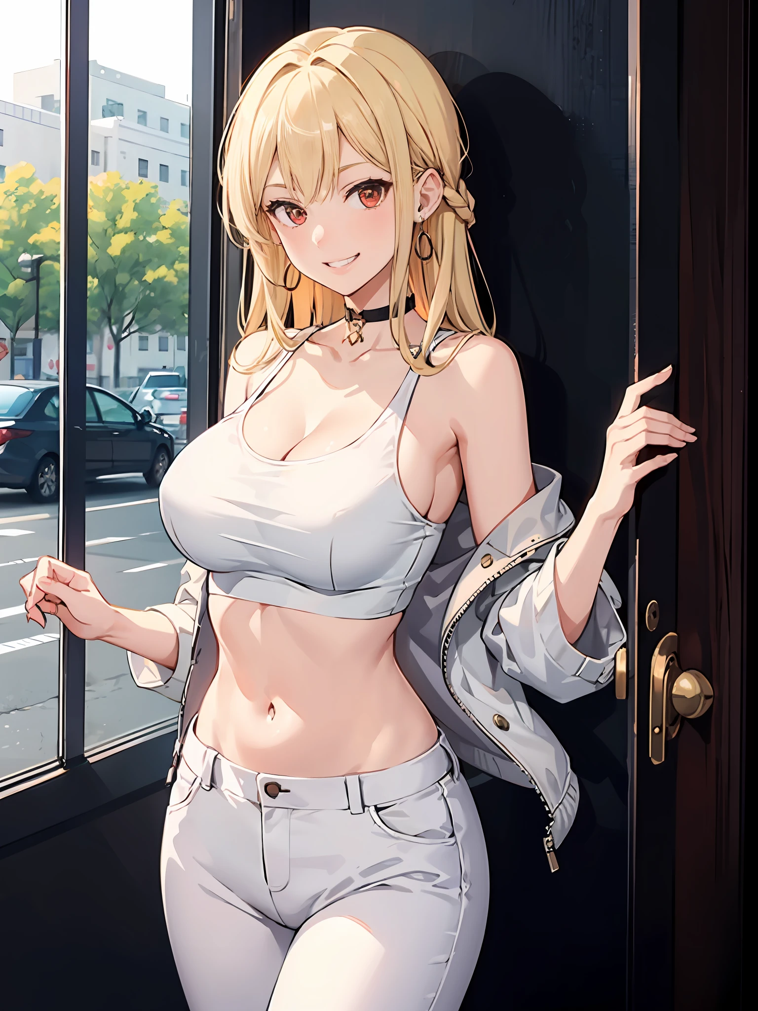 1girl, leaning against wall, large breasts, solo, white pants, white crop top, white jacket, long hair, navel, red eyes, off shoulder, choker, smile, jewelry, looking at viewer, earrings, open clothes, blonde hair, cleavage, grin, midriff, bare shoulders, collarbone, sleeveless, standing,
