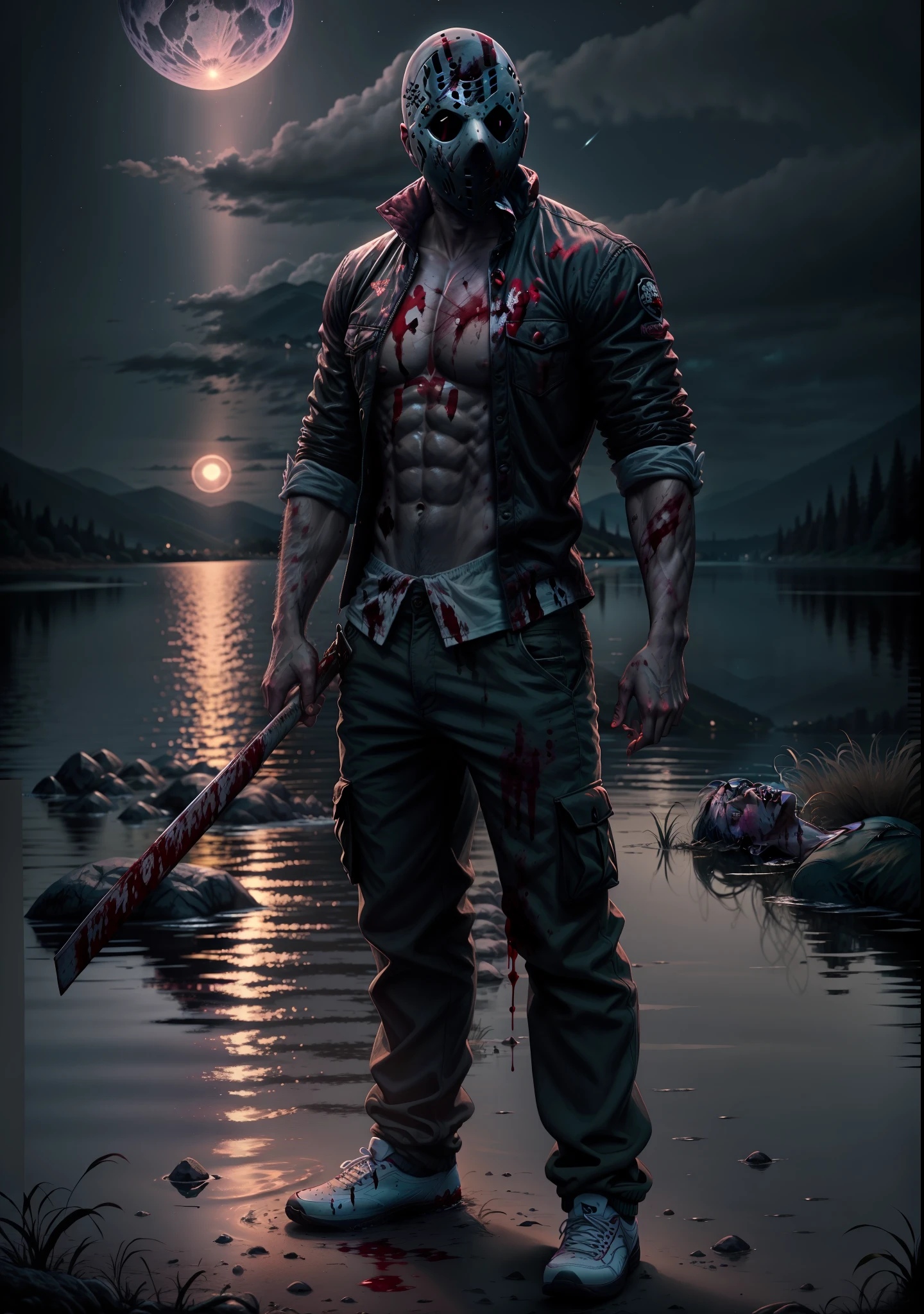 uma pessoa com uma faca e uma camisa segurando uma faca, Jason Voorhees, JASON, Lago Cristal como pano de fundo, lago a noite, acampamento a noite, Sem camisa cheio de sangue, shirtless with blood on body