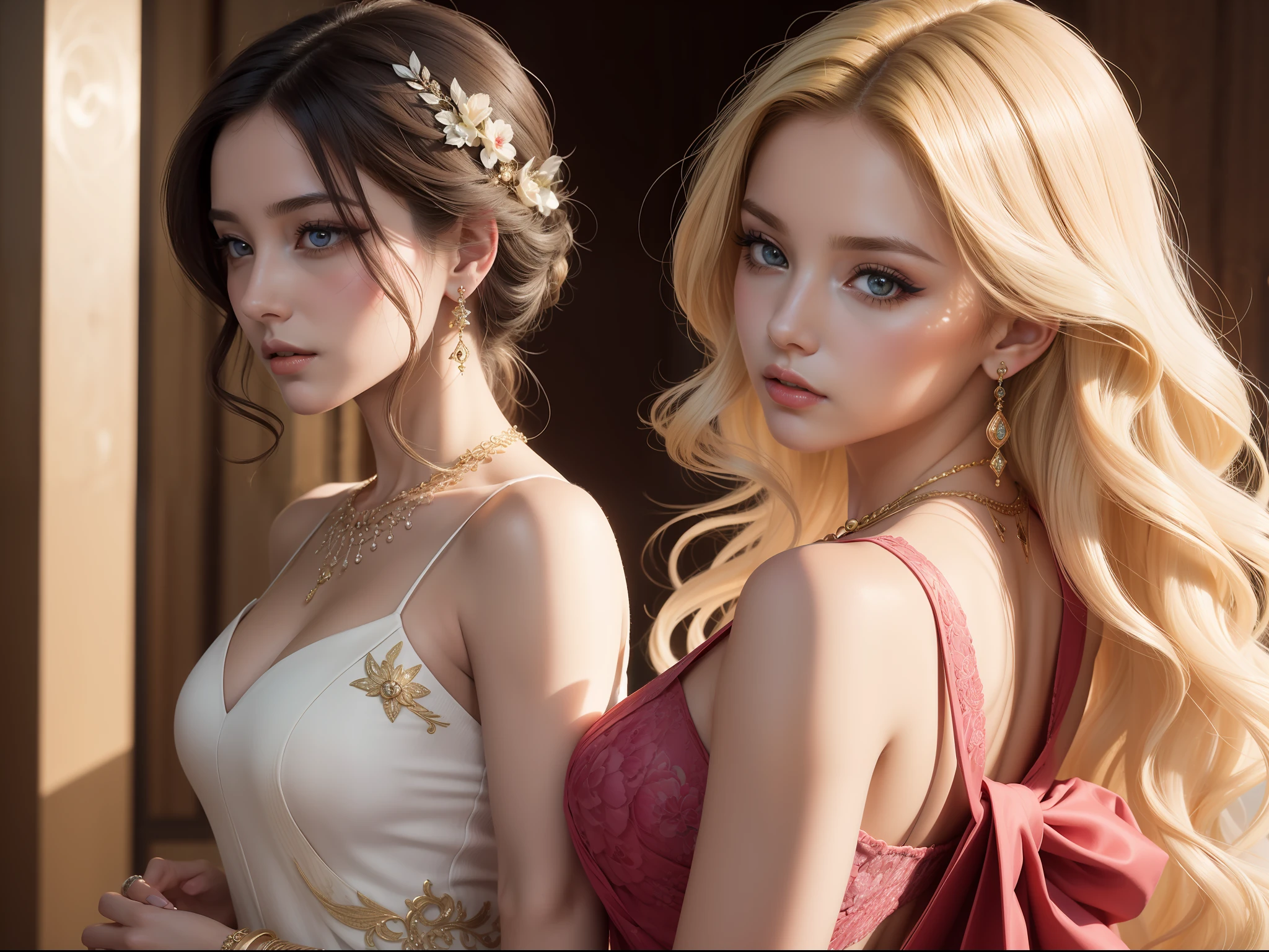 (masterpiece), ultra-detailed, 3 views, front view, side view , back view, different hairs design, character sheet or reference sketch of goddess , ( Absurd, High quality, ultra-detailed, masterpiece, concept art, smooth, highly detailed artwork, hyper-realistic painting )beautiful eyes(eyes detailed), Goddess, Greek mythology, Aphrodite, captivating and enchanting, commanding attention wherever she went, breathtakingly beautiful goddess with flawless features, skin was described as radiant and fair, often compared to the softness of freshly bloomed flowers, hair was a prominent aspect of her beauty. It was typically depicted as lustrous and flowing, often cascading in waves or curls down her shoulders and back, her hair color is golden blonde, eyes were enchanting and seductive, with a sparkle that could ignite passion and love , Aphrodite’s gaze had the power to captivate and inspire love in those who looked upon her, wearing elegant and ethereal garments. She adorned herself with exquisite jewelry, including necklaces, bracelets, and intricate accessories, with pink dress, ultra-realistic and sharp detail and intricate, intricate details, and style, pastels background illustration