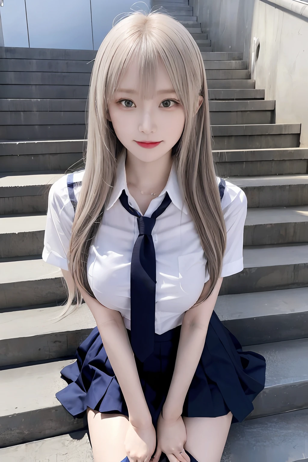 masutepiece, Best Quality, japanaese girl, 8K, Raw photo, top-notch quality, masutepiece, nffsw:1.2, exceptionally detailed RAW color photo, professional-grade photograph, (Realistic, Photorealistic:1.37), (highly detailedskin:1.2), Ultra-high resolution, (lenz 50mm),japanaese girl、a 18 year old girl、Korean School Uniform、Summer School Uniform Shirts、Ribbon tie、skirt by the、Schools、stairs at school、Chest lifting pose、8K raw photos、hight resolution、15-year-old cool Korean、very large round breasts、beautiful eyes finely detailed、long eyeslashes、Beautiful double eyelids、eyeshadows、eye line、Slender eyes、elongated eye shape、Sanpaku eyes、evil smile、Evil look、beautiful and very thin legs、beautiful and very thin thighs,、Random Shorthair、Tie your hair behind your head、耳Nipple Ring、Bright blonde hair、hposing Gravure Idol、乃木坂アイドル、韓国アイドル、oppai