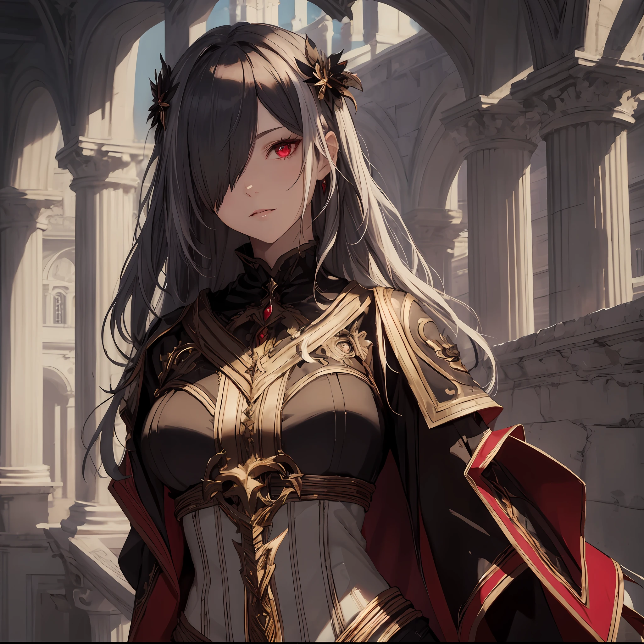 masterpiece, best quality, 1woman, adult, female focus, solo, white hair, vibrant red eyes, looking at viewer, closed mouth, bangs, Fantasy aesthetics, Highly detailed, shadowverse style, black attire, Hiding One Eye with Bangs hair