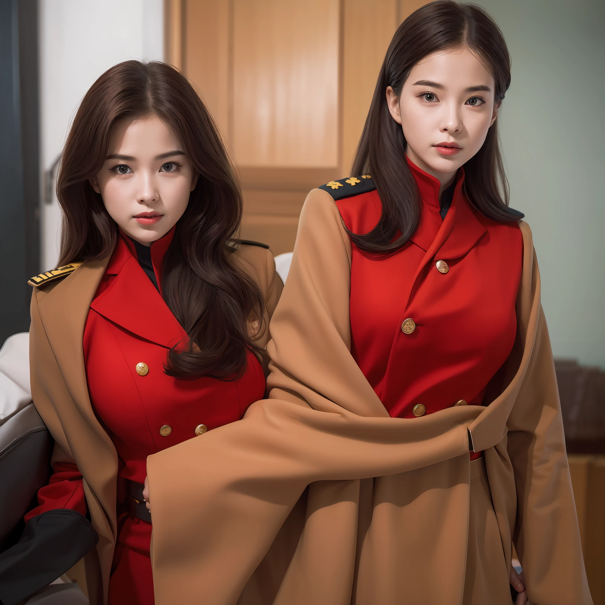 Two women in uniform stand side by side, Red Uniform, Beautiful sci-fi - Pi Twins, Wearing a red captain's uniform, promo still, Infantry Girl, sha xi, Sheep Girls, wearing red attire, twins, Promo movie stills, wearing military outfit, still from a live action movie, Beautiful twin twin portrait, The epic story of twin sisters