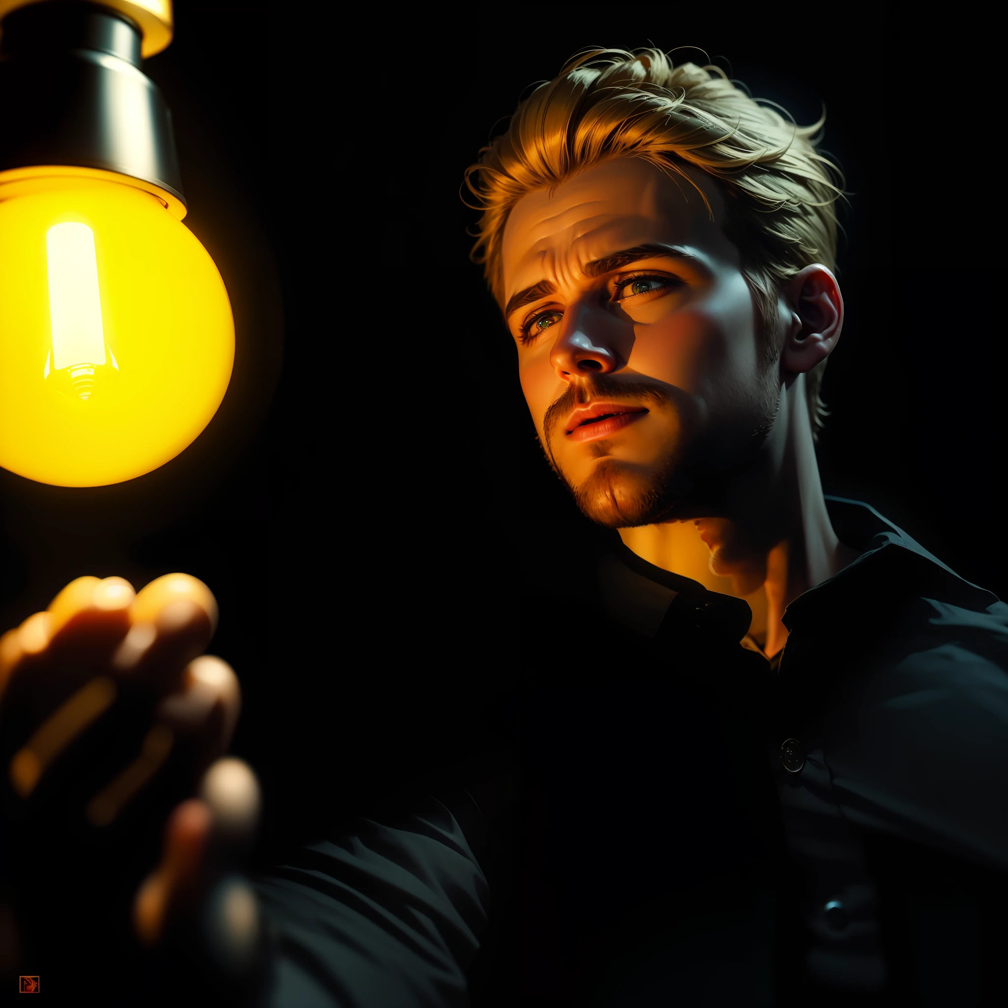 blonde man , looking at a yellow light bulb, light very close to his face, illuminating it, black shirt. Spectacular photography, dark ambiance. 4k cinematic, dark cinematic shot, cinematic photography, cinematic image of film, 4k cinematic wallpaper, masterpiece cinematic shot, Ryan gosling.