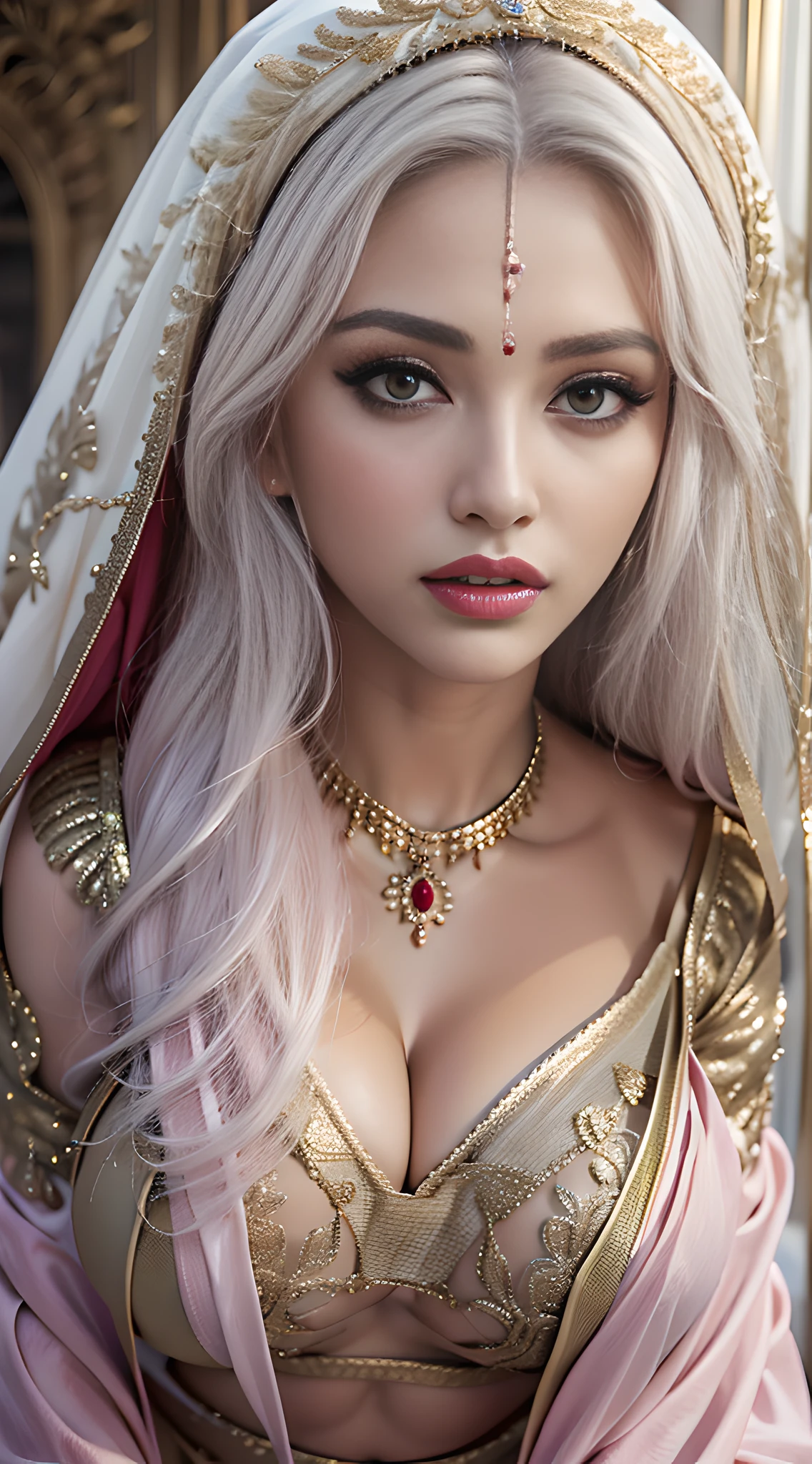 ultra realistic 8k cg, picture-perfect face, flawless, clean, masterpiece, professional artwork, famous artwork, cinematic lighting, cinematic bloom, perfect face, beautiful face, beautiful eyes, ((perfect female body, narrow waist)), white hair, red eyes, fair skin, gorgeous queen, royal, divine, goddess, godlike, (royal palace), fantasy, dreamlike, unreal, huge breasts, beautiful clothes, sari, lace, lace trim, lace-trimmed legwear, sfw, indian, absurdly long hair, very long hair, (rich:1.4), prestige, luxury, jewelry, intricate detail, delicate pattern, seductive, erotic, enchanting