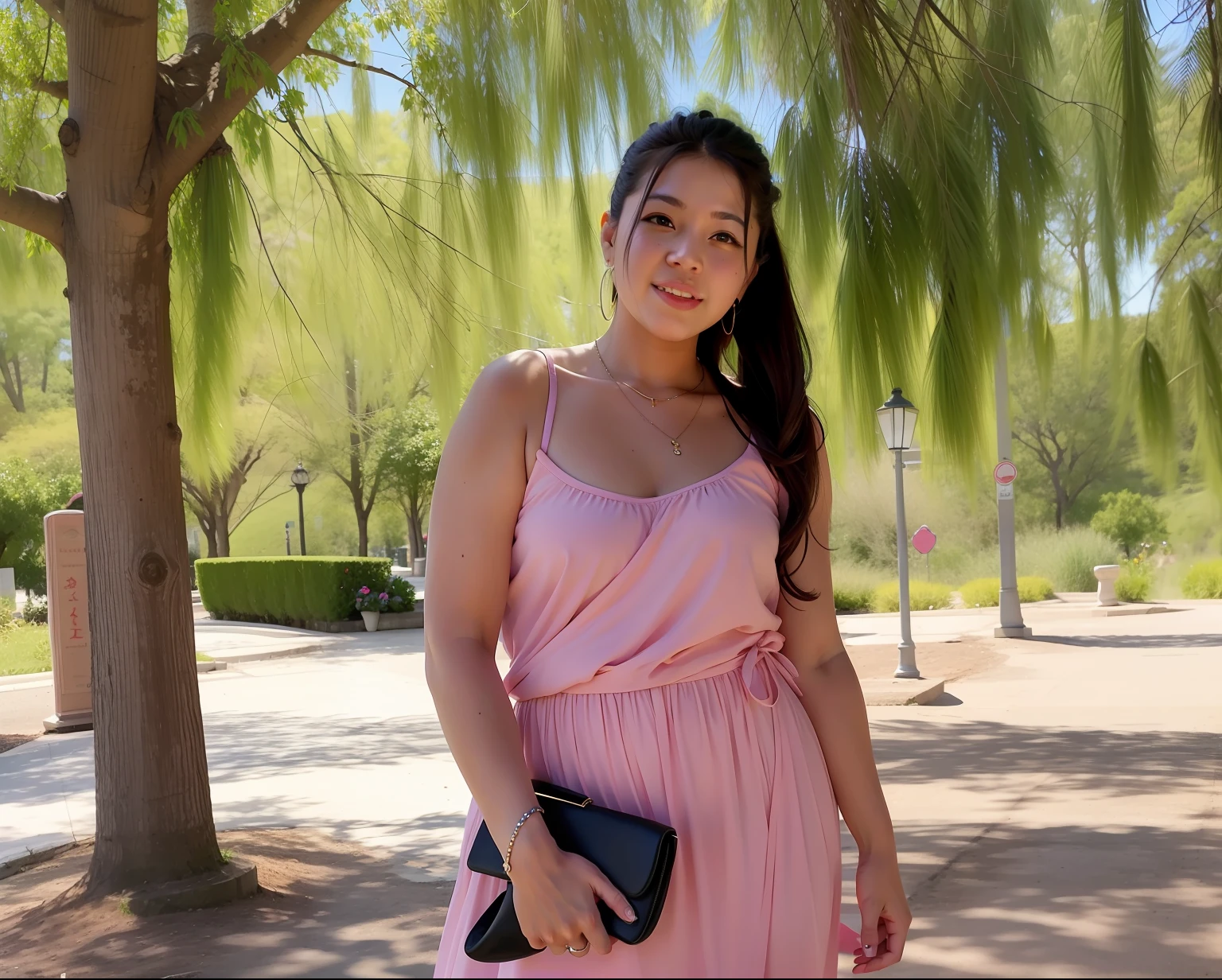 Woman with a pink dress standing in a park --auto