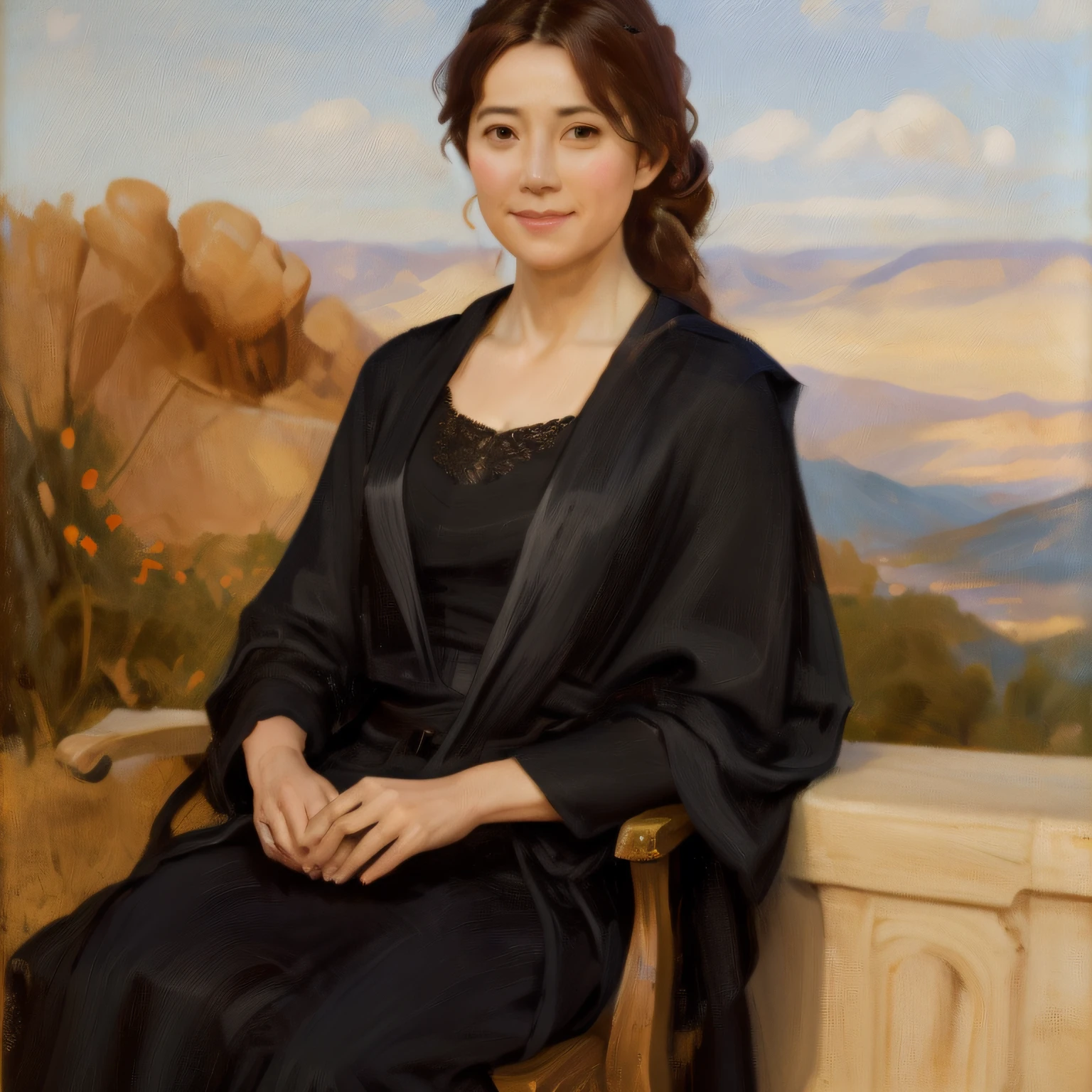 Seated noblewoman, ((Keep one's mouth shut)),ssmile, looking to the camera, upperbody closeup, Dressed in black silk civilian clothes, ((Hold your left hand with your right hand)), ((Long hair with a shawl)), Hair is slightly curled, (Landscape painting background), covering ears, Renaissance, hyper HD, Unbeatable masterpiece, Anatomical correct, Skin texture, high detal, high high quality, Multiple awards, Best picture quality, A high resolution, 4K