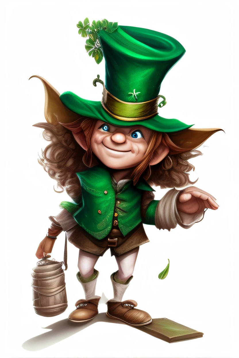 leprechaun in shabby clothes, digital art, friendly face gesture, well defined big hands