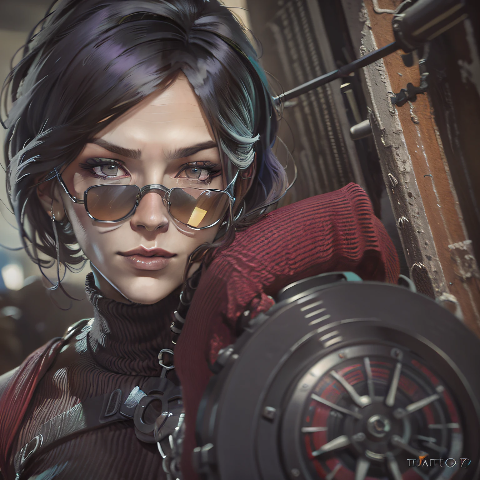 There is a woman with purple hair and sunglasses in the red hat and yellow leather jacket holding a flag, portrait of a bloodborne hunter, badass anime 8 k, Alucard, tiroteio, arte de fantasia urbana estilizada, assassino cyberpunk, Retrato de um vigilante, fantasia urbana centralizada, como personagem em tekken, Dante do Diabo Pode Chorar, Guilherme H. Pongiluppi