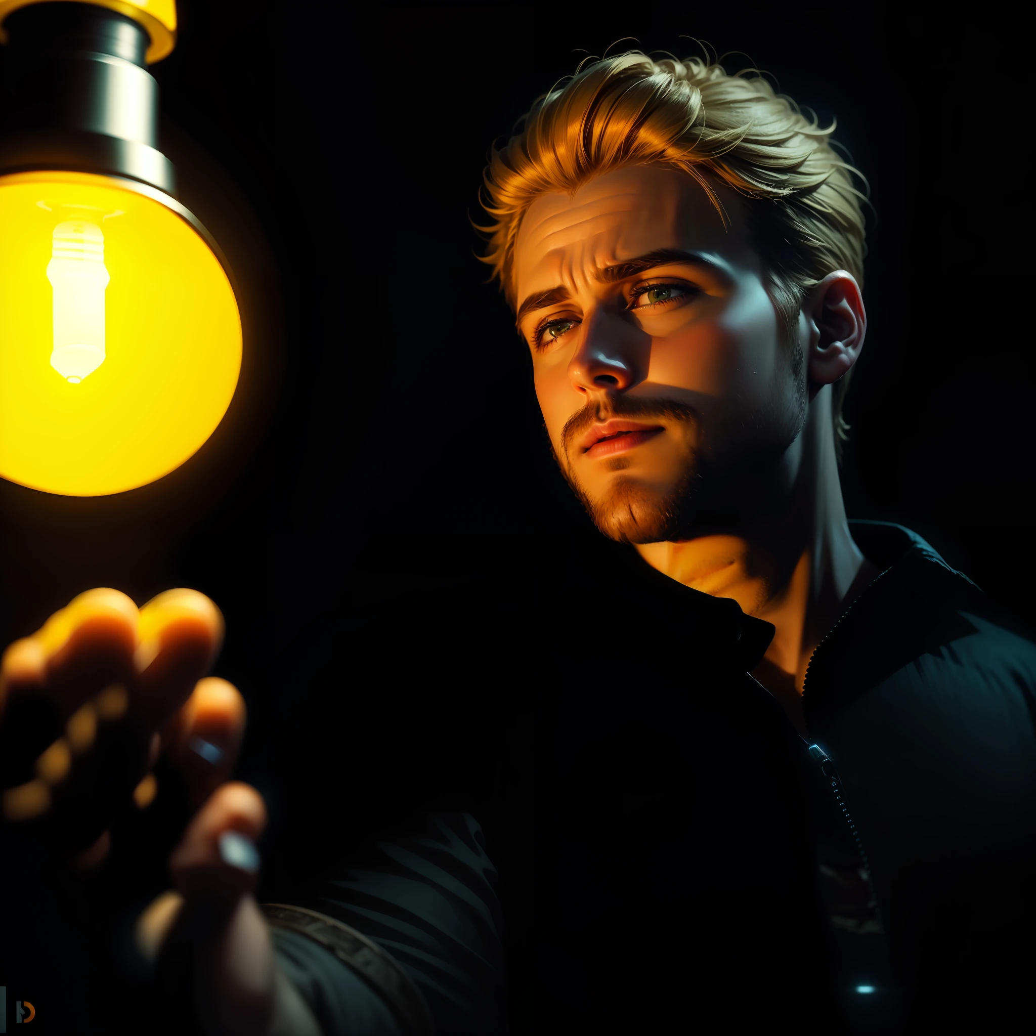 blonde man , looking at a yellow light bulb, light very close to his face, illuminating it, black shirt. Spectacular photography, dark ambiance. 4k cinematic, dark cinematic shot, cinematic photography, cinematic image of film, 4k cinematic wallpaper, masterpiece cinematic shot, Ryan gosling.