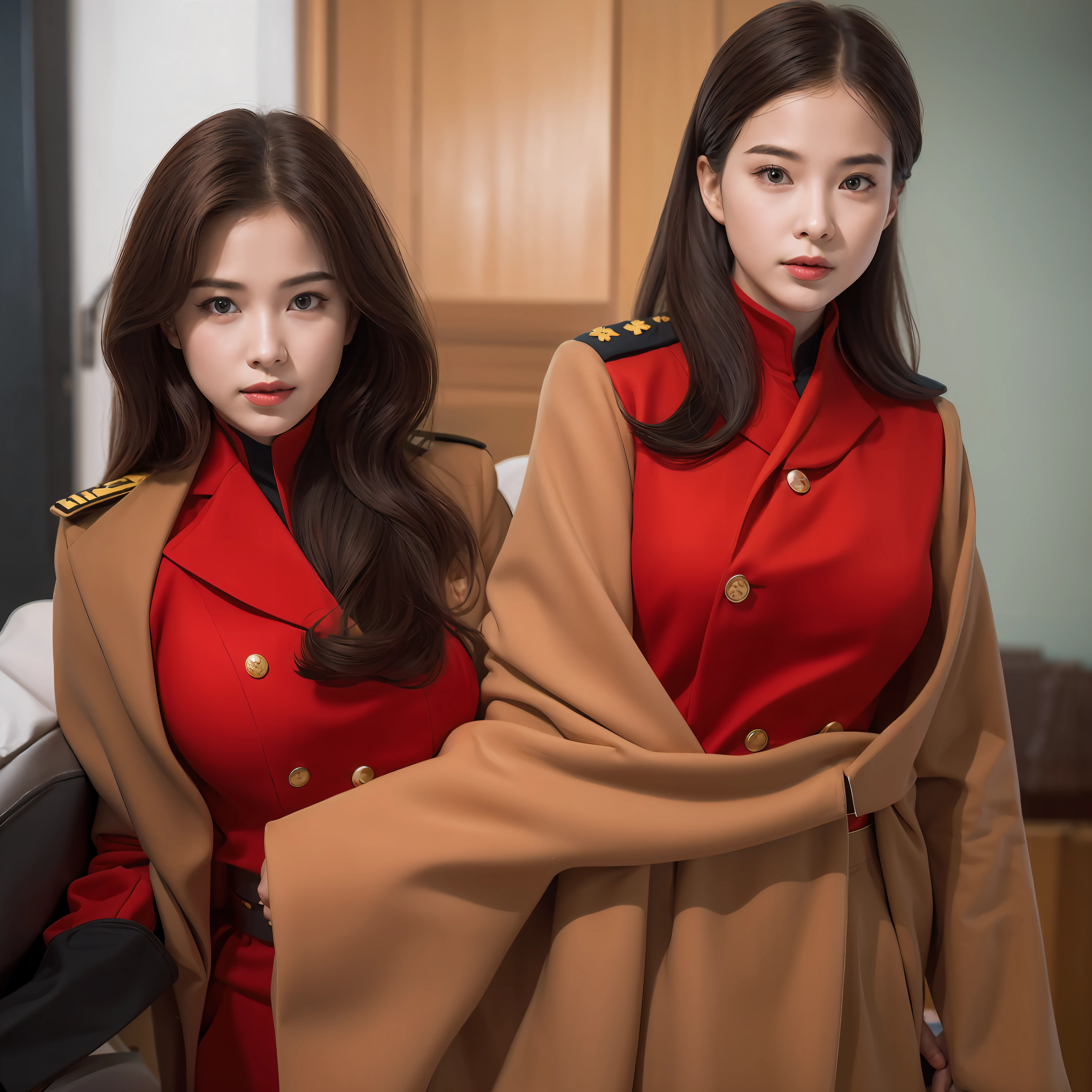 Two women in uniform stand side by side, Red Uniform, Beautiful sci-fi - Pi Twins, Wearing a red captain's uniform, promo still, Infantry Girl, sha xi, Sheep Girls, wearing red attire, twins, Promo movie stills, wearing military outfit, still from a live action movie, Beautiful twin twin portrait, The epic story of twin sisters