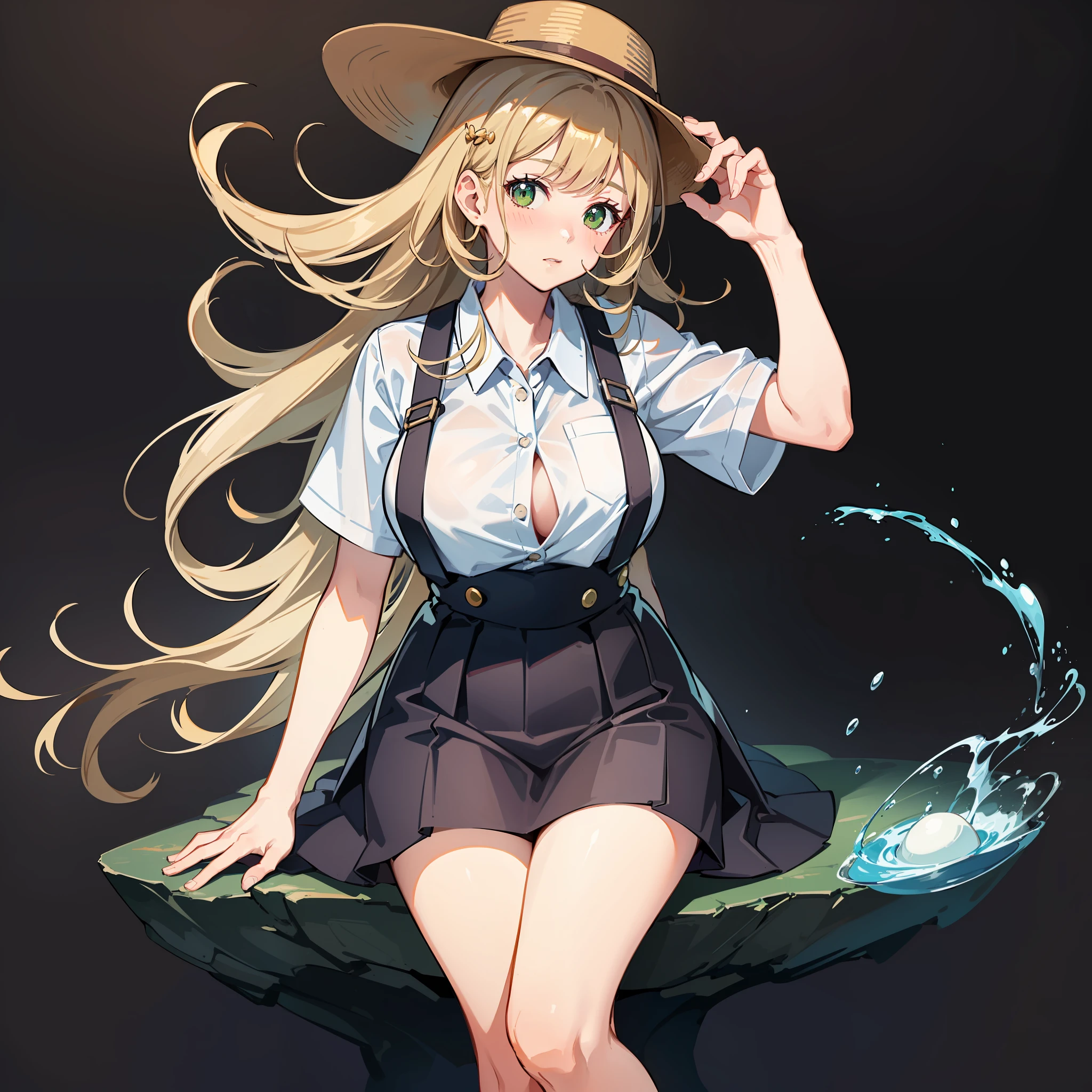 (Golden Ratio:1.2),[(black background:1.4)::10],(masterpiece), (best quality), (ultra detailed),(disheveled hair),(illustration),1girl,solo,full body,brown hair,green eyes,Pastoral girl,Long double braids,Suspenders,Tomboyish,huge breasts,narusawaryouka,Baby fat cheeks,Sun hat,Suspenders,White shirt,On the outskirts,Clear river,Skinny trees and branches,blush,(athletic body:1.2),(Sit on a larger rock:1.2)+(look at viewer:1.3)+[(Inception:1.2)],natural beauty