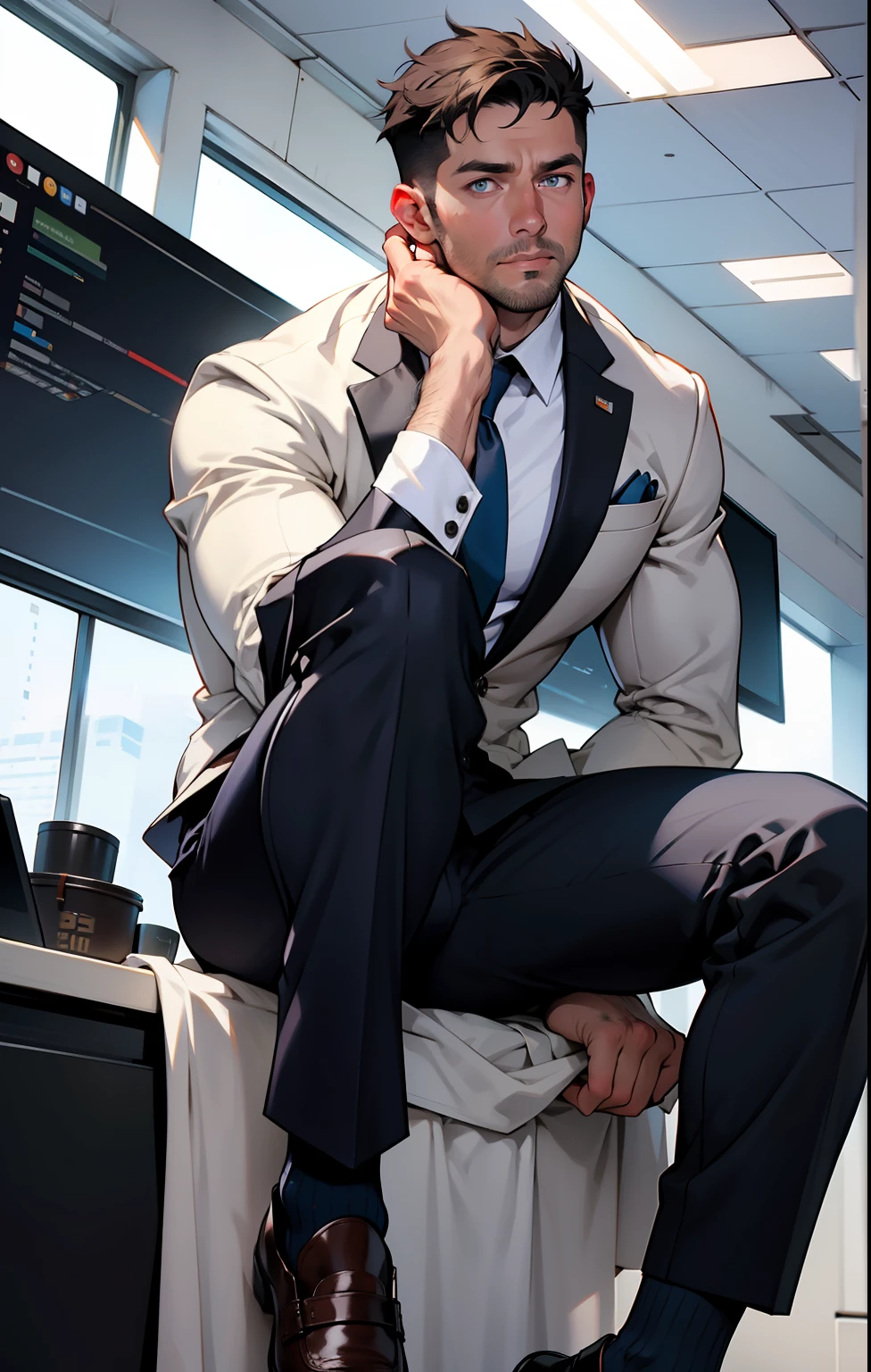 masterpiece, best quality, face, natural eyes, 1man, european, big feet, black socks, full body, (in suits), large bulge, long legs, looking at viewer, 30 years old, muscled and mature, pilot, short haircut, a pilot sitting on the desk with legs streched, in the airport Office, blue eyes, flush, organism, face covered with white fluids, sweating, tight cloth, erecting