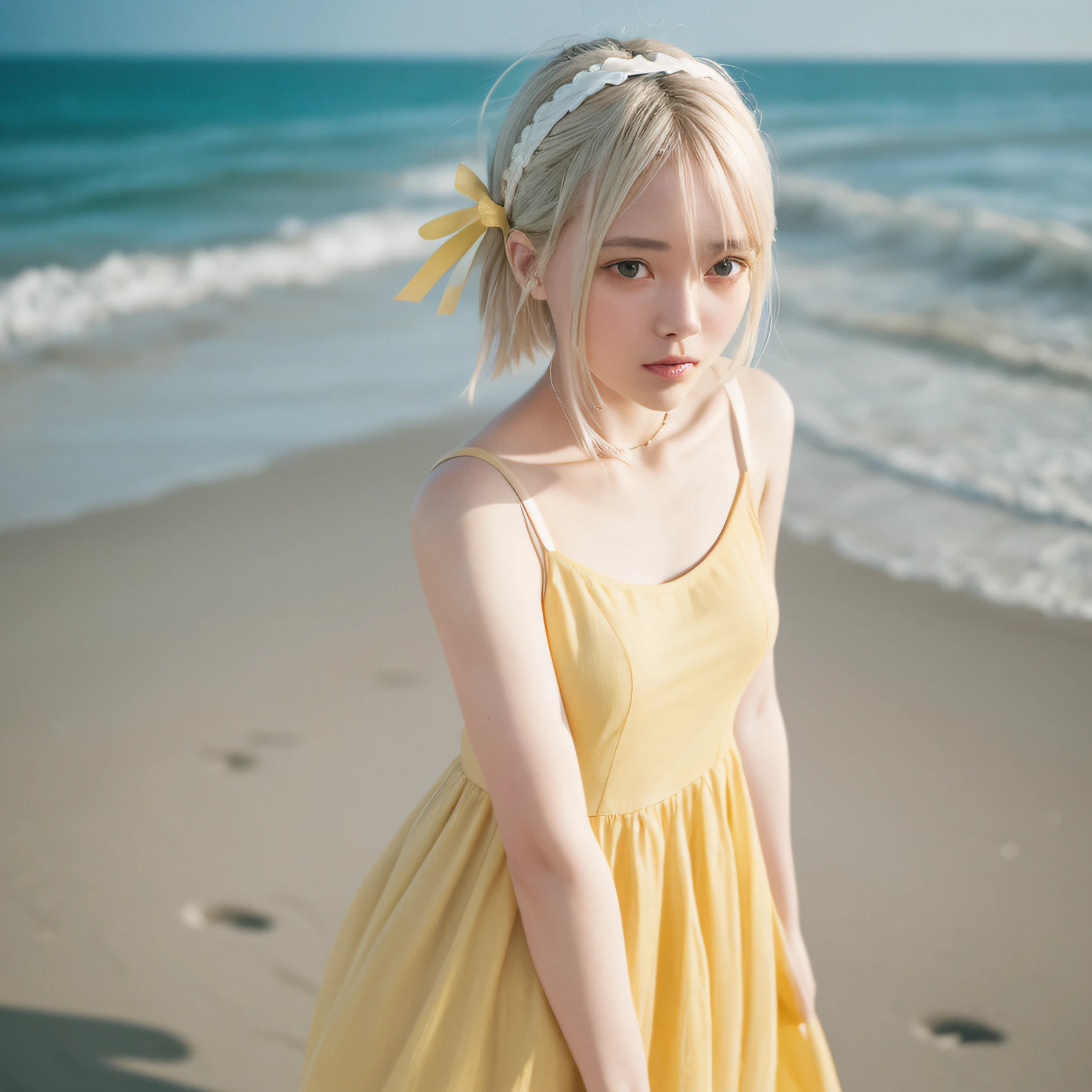 25 years old female short-sleeved tooth yellow dress,white hair ribbon,Thin stature,fully body photo,Arms spread wide,beachside,highdetailskin:1.2),8K UHD,Slr,softlighting,high qulity,filmgrain,taken in the mid 2000s