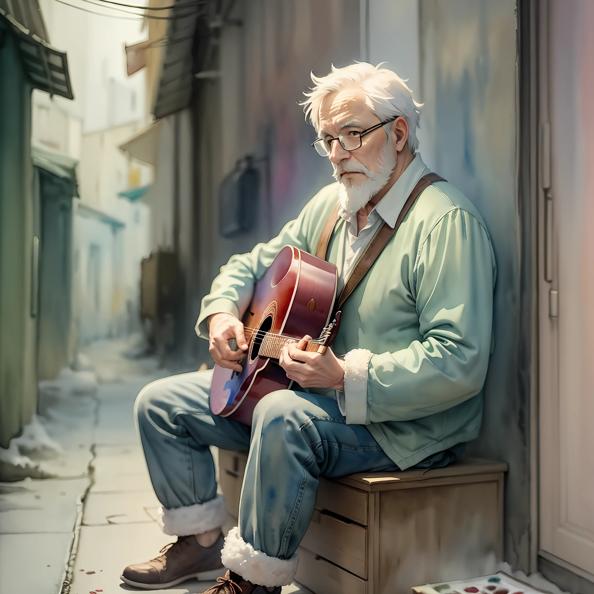 ((full body))) (((watercolor Ghibli))), 60 year old man in winter clothes glasses and short white beard, playing guitar, sitting on a drawer, in a dark city alley, low ligh, 32 k, --auto --s2