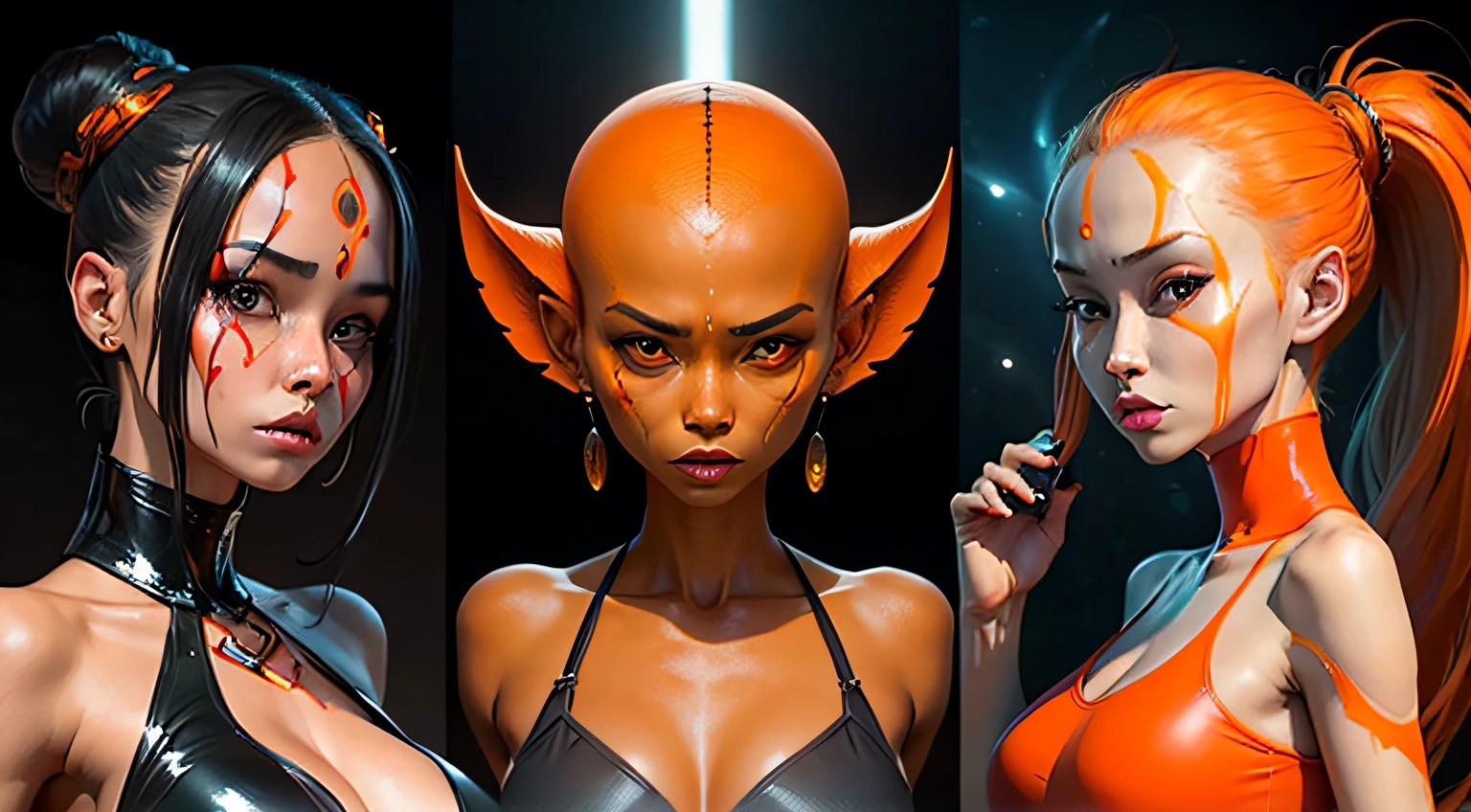 Alien woman with different face,  orange color than humans, but extremely hot --auto