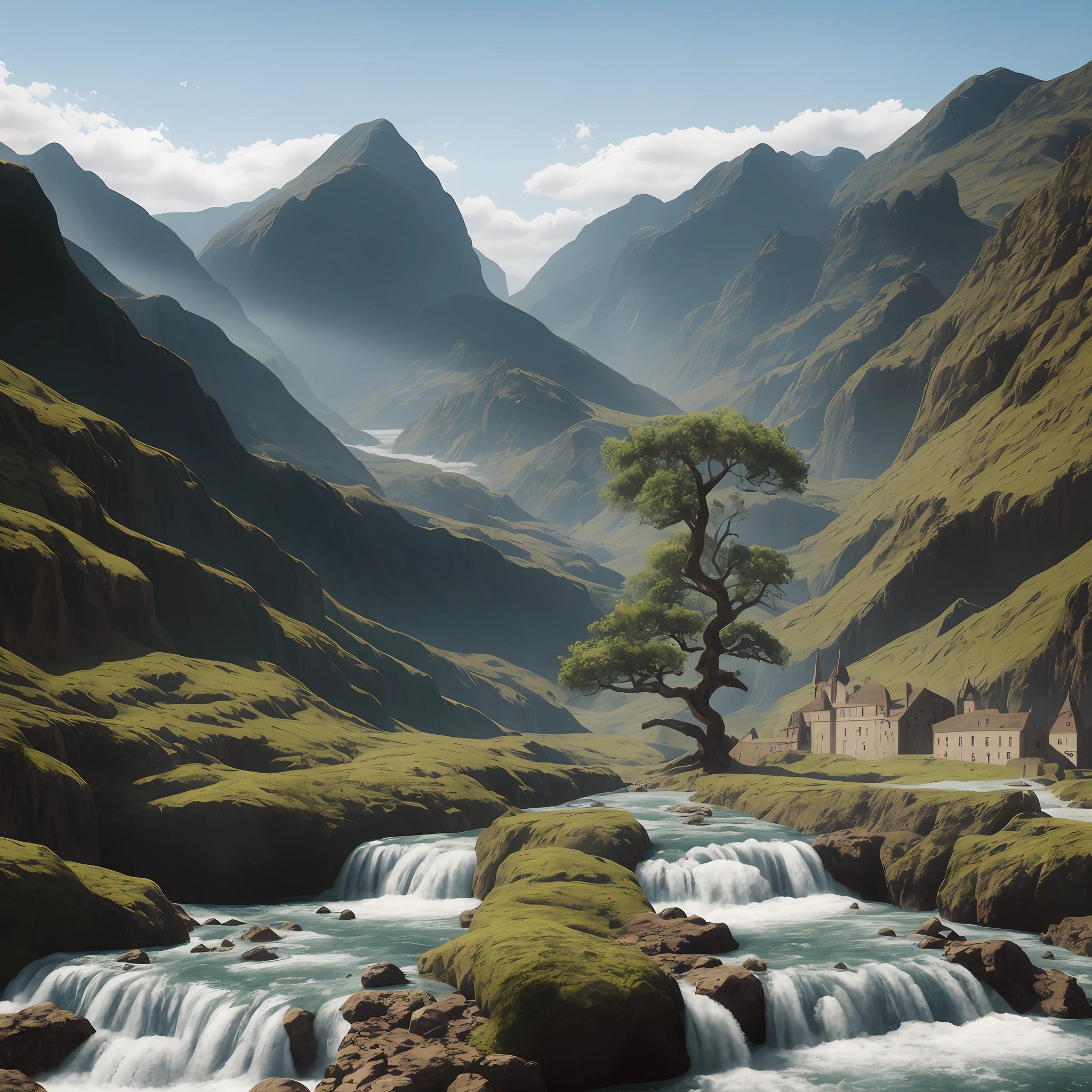 mountains with a river and a tree in the foreground, 3d rendered matte painting, realistic fantasy render, matte painting unreal engine, 3 d render and matte painting, beautiful render of a landscape, photorealistic matte painting, hyperdetailed 3 d matte painting, hyperdetailed 3d matte painting, 3d matte painting, matte painting v ray, matte painting in fantasy style