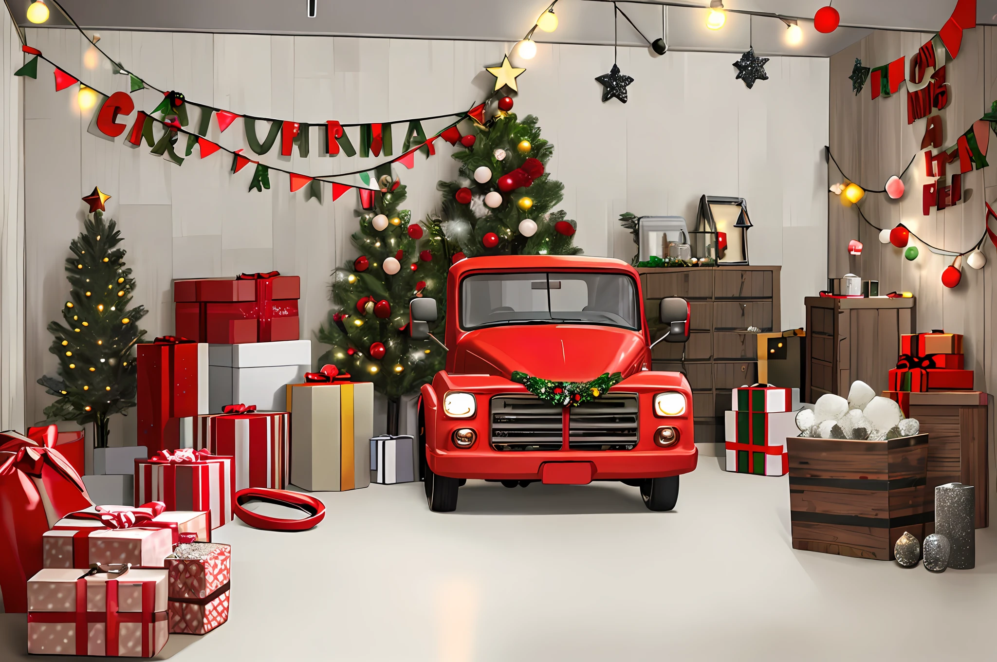 Dark scene inside garage at night|Wooden wall background|Grey cement floor|A red pickup truck full of Christmas presents,The headlights are on,Facing the screen|Rich variety of Christmas decorative furniture|Highly decorative scenes|American farm style|vintagestyle|Christmas atmosphere|interior photography|A high resolution