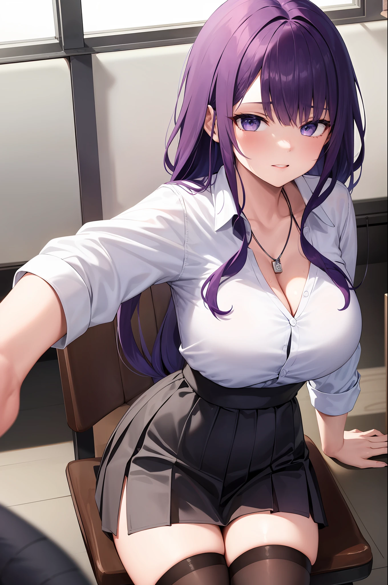 1girl, solo, ((white shirt)), black thighhighs, breasts, cleavage, uniform, office background, black skirt, pleated skirt, office,large breasts, looking at viewer, PURPLE HAIR, solo, thighhighs, thighs, very long hair, ((masterpiece)), sitting, chair, desk, computer on desk, name tag, id tag, indoor, blush, sexy pose,