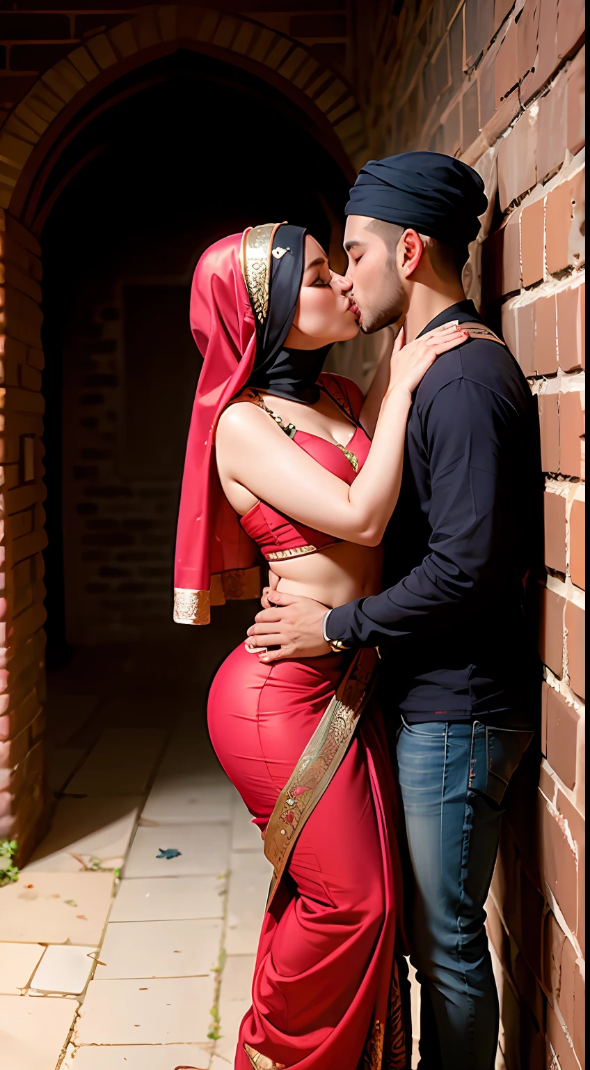 perfect face (hijab), (9 ), (curvy:1.4) saree wlop perfect full HDR body exposed midriff curvy indian armpits bellydancer 8k high res knees ankles , ( couple, uncle kissing:1.7) (dungeon:1.3) (night:1.3) (outdoor:1.3)