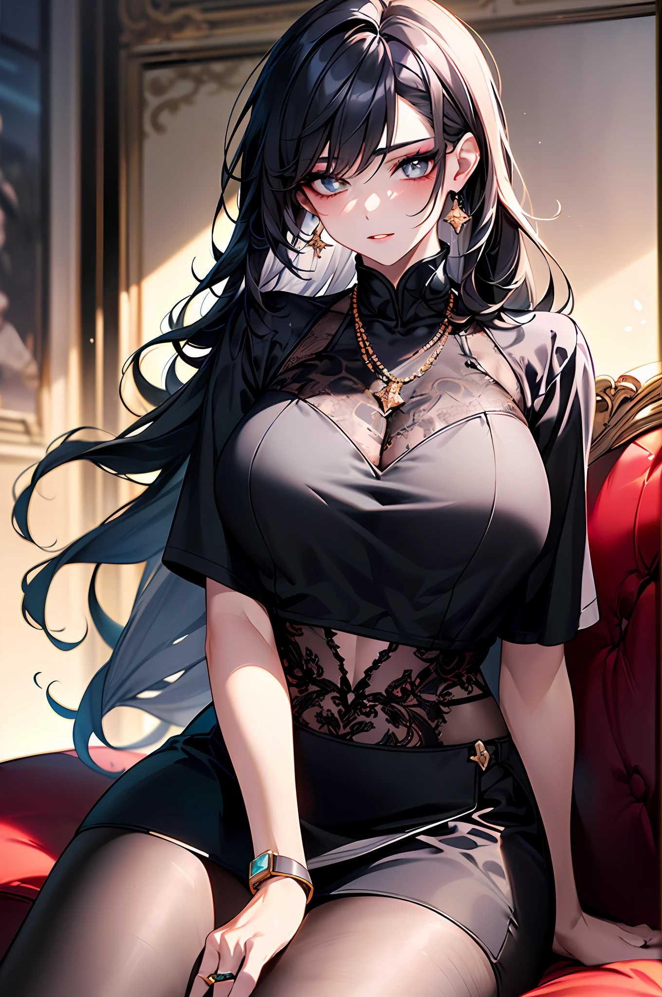 （best quailty，8K，​masterpiece），1boys，（Eye 1:1，Clear eyes，Elaborate Eyes，Delicate pupils，Details of the eyes，good eyes），In black suit，Face focus，Adults，best quailty，Details of face，Sit in the room，sitting in the couch，细致背景，Diffused sunlight，depth of fields，Background bokeh for optimal light，Best Shadow，电影灯光，（realskin），raytrace，Unreal Engine 5，Reflective skin，Digital illustration，Game CG characters，(Body edge lighting，Colored light sources are around)，There is wind blowing hair，Looking into the distance
Morning，black color hair，（best quailty，8K，​masterpiece），(Sit inside the room，sitting in the couch，Capture），(A pretty maiden，having fun，cabelos preto e longos，Long messy hair，curlyhair，Huge eyes:1.3，Long eyelashes，Delicate makeup:1.4，Sexy lips，Blushlush)，(Exquisite watches，Reflective necklace，Bulgari's earrings，Bulgari's ring)，(Sit inside the room，sitting in the couch，Capture），（Fashionable outfits，dressed in a white t-shirt），（middle breasts，Endure），(Black oily transparent pantyhose），（Black hip skirt），Light ripe，Royal sister，best light，Best Shadow，电影灯光，28 years old，1girl huge large breasts，need，（realskin，Supple skin）raytrace，Unreal Engine 5，Reflective skin，Digital illustration，Game CG characters，super model，（kpop,idol），(Body edge lighting，Colored light sources are around)，There is wind blowing hair，Looking into the distance