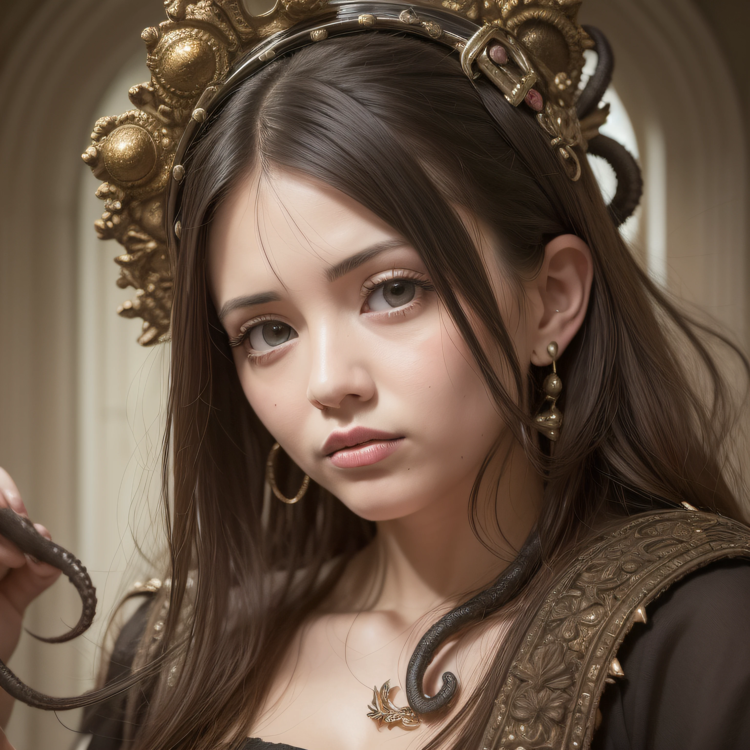 (extremadamente detallado, obra maestra, La mejor calidad), Estilo oscuro, intense illumination, rostro con arrugas, lengua larga, tentacle, deforme, monstruoso, un anciano con Colmillos finos, amenazante. mujer punk. Rococo composition. Luz de caravaggio