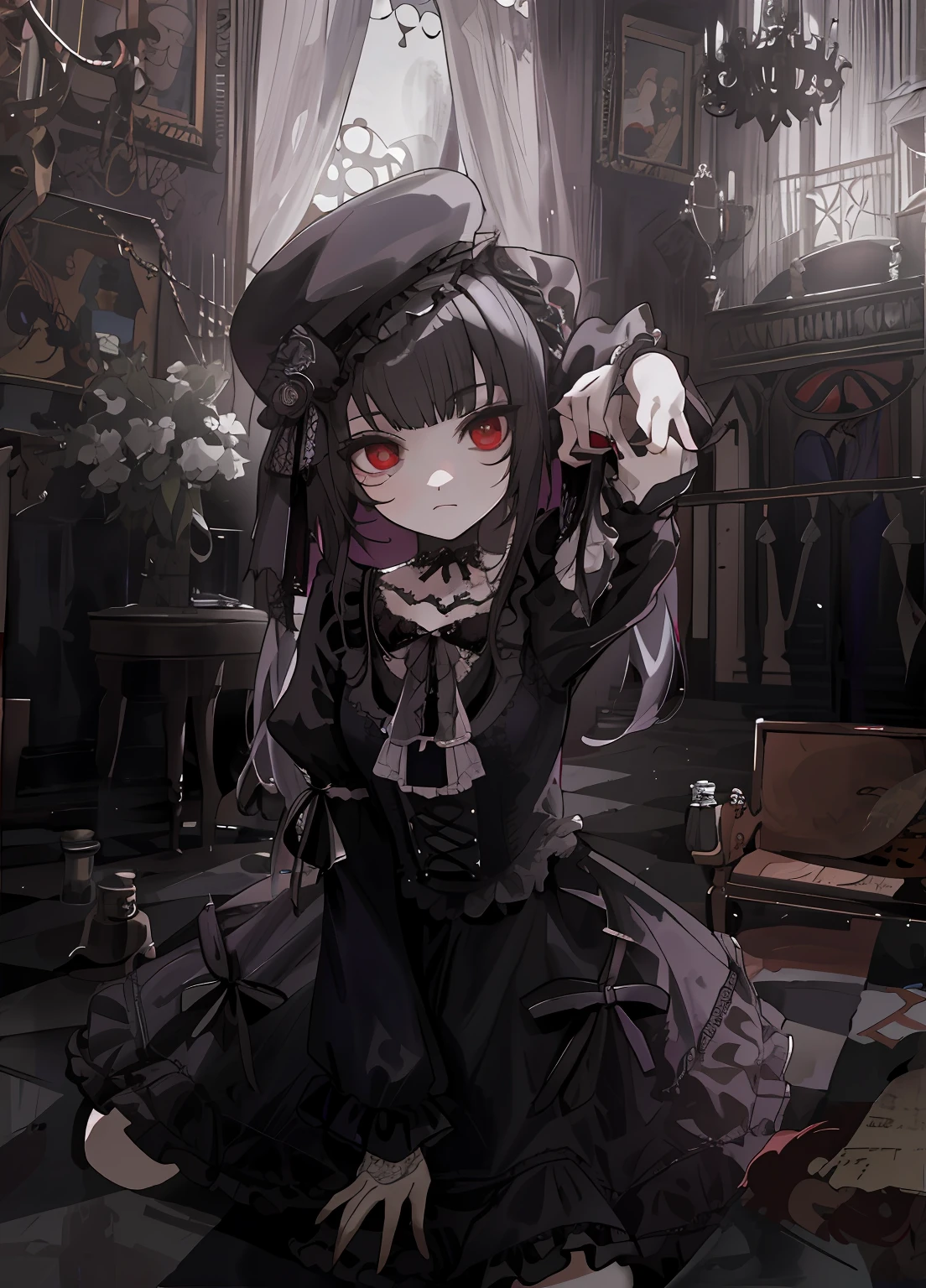 Chica de anime con un vestido negro sentada en el suelo con un sombrero puesto, Gothic anime girl Maiden, gothic art style, goth girl, Gothic!!, 1 7 -  - old me goth girl, an elegant gothic princess, Estilo de arte oscuro, Arte Barroco Oscuro, dark fantasy style, gothic art, Retrato de Lolita, victorian gothic lolita fashion, dark fantasy style art, red eyes