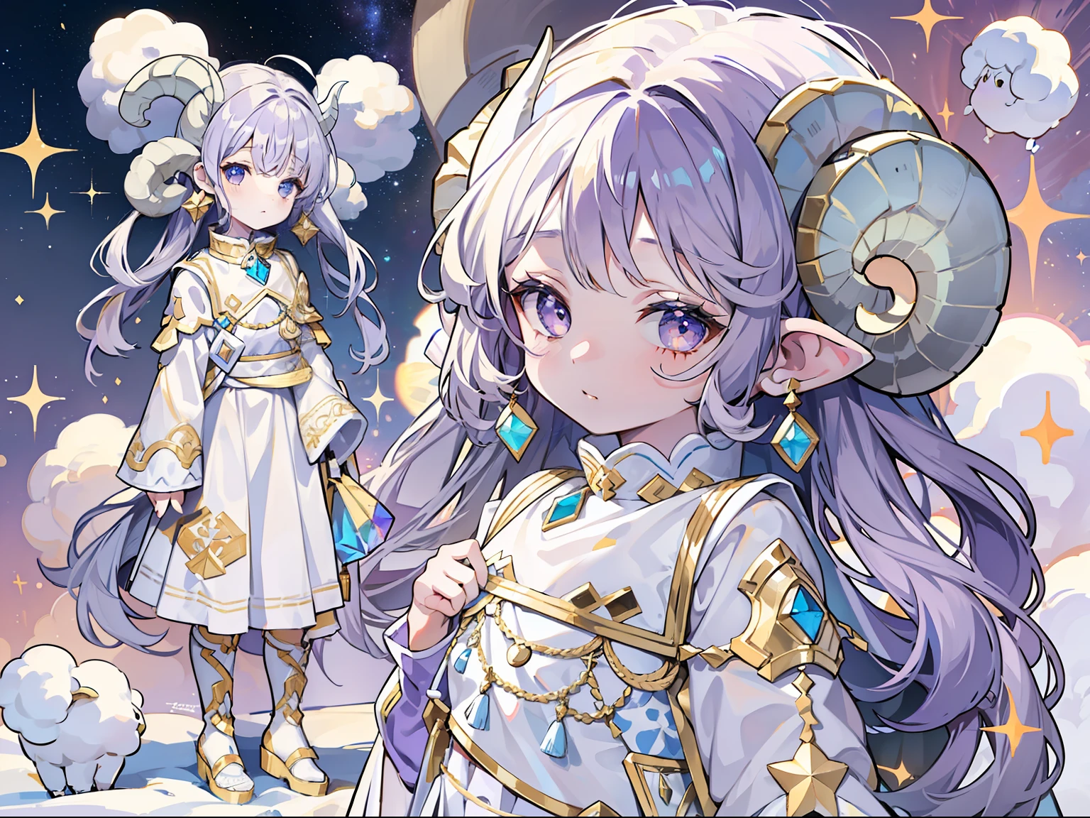 Little lamb girl,White-colored skin,sheep horns,Sagging ears,Standing painting,White and blue-purple with a small amount of gold,There are sun decorations,There are starry skies and galaxies on the body,Cosmic elements,Lots of decorations