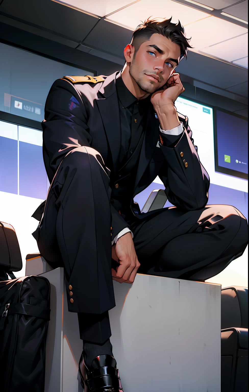 masterpiece, best quality, face, natural eyes, 1man, european, big feet, black socks, full body, (in suits), large bulge, long legs, looking at viewer, 30 years old, muscled and mature, pilot, pilot in uniform, short haircut, a pilot sitting on the desk with legs streched, in the airport Office, blue eyes, flush, organism, face covered with white fluids, sweating, tight cloth, erecting
