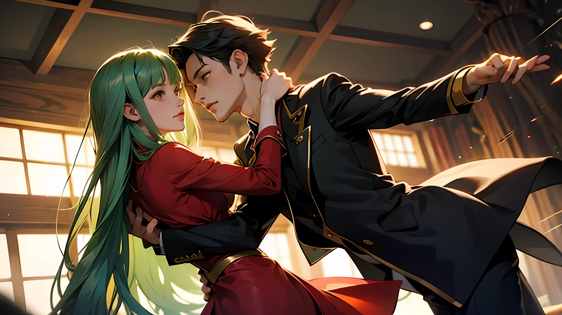 couple of woman and man dancing, woman c.c. have a long_green_hair and yellow_eyes, man asakura_hao have a brown_eyes, and brown_long_hair, love, romantic, medieval_suits, shaman_king, code geass , rtx, hight quality, master piece, 16k --auto