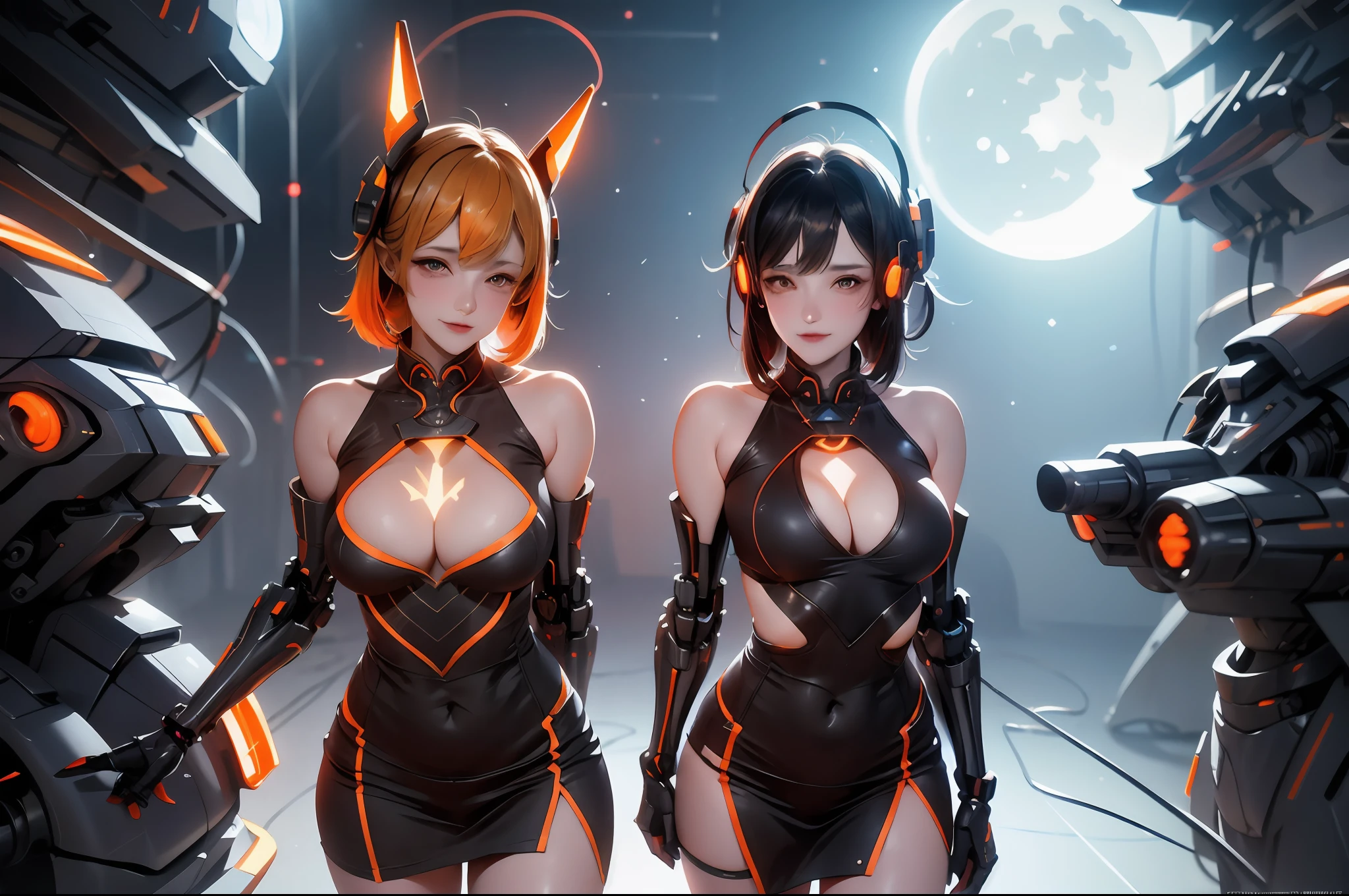 1 girl, Chinese_clothes, metallic black titanium and orange, cyberhan, cheongsam, cyberpunk city, dynamic pose, detailed luminous headphones, glowing hair accessories, long hair, luminous earrings, glowing necklace, cyberpunk, high-tech city, full of mechanical and futuristic elements, futurism, technology, glowing neon, orange, orange light, fluorescent orange, skirt, cape, coat, laser, digital background, urban sky, big moon, with vehicle, best quality, masterpiece, 8K, Character edge light, super high detail, high quality, the most beautiful woman in human beings, slight smile, face facing front and left and right symmetry, ear decoration, beautiful pupils, light effects, visual data, pick and dye orange, dye hair, super detail facial texture, happy and proud, weapon system, mecha style, crowded street passers-by, mechanical wings, super light and shadow
