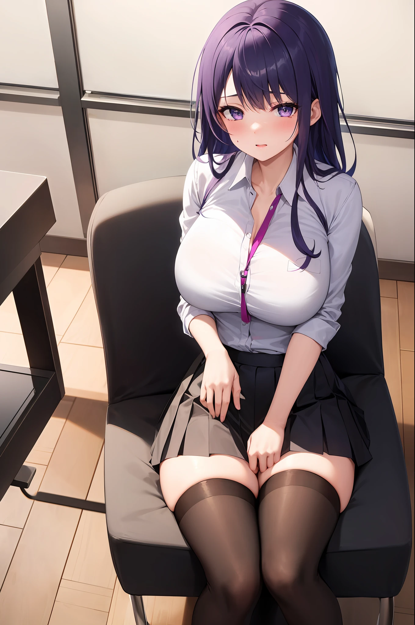 1girl, solo, ((white shirt)), black thighhighs, breasts, cleavage, uniform, office background, black skirt, pleated skirt, office,large breasts, looking at viewer, PURPLE HAIR, solo, thighhighs, thighs, very long hair, ((masterpiece)), sitting, chair, desk, computer on desk, name tag, id tag, indoor, blush, sexy pose,