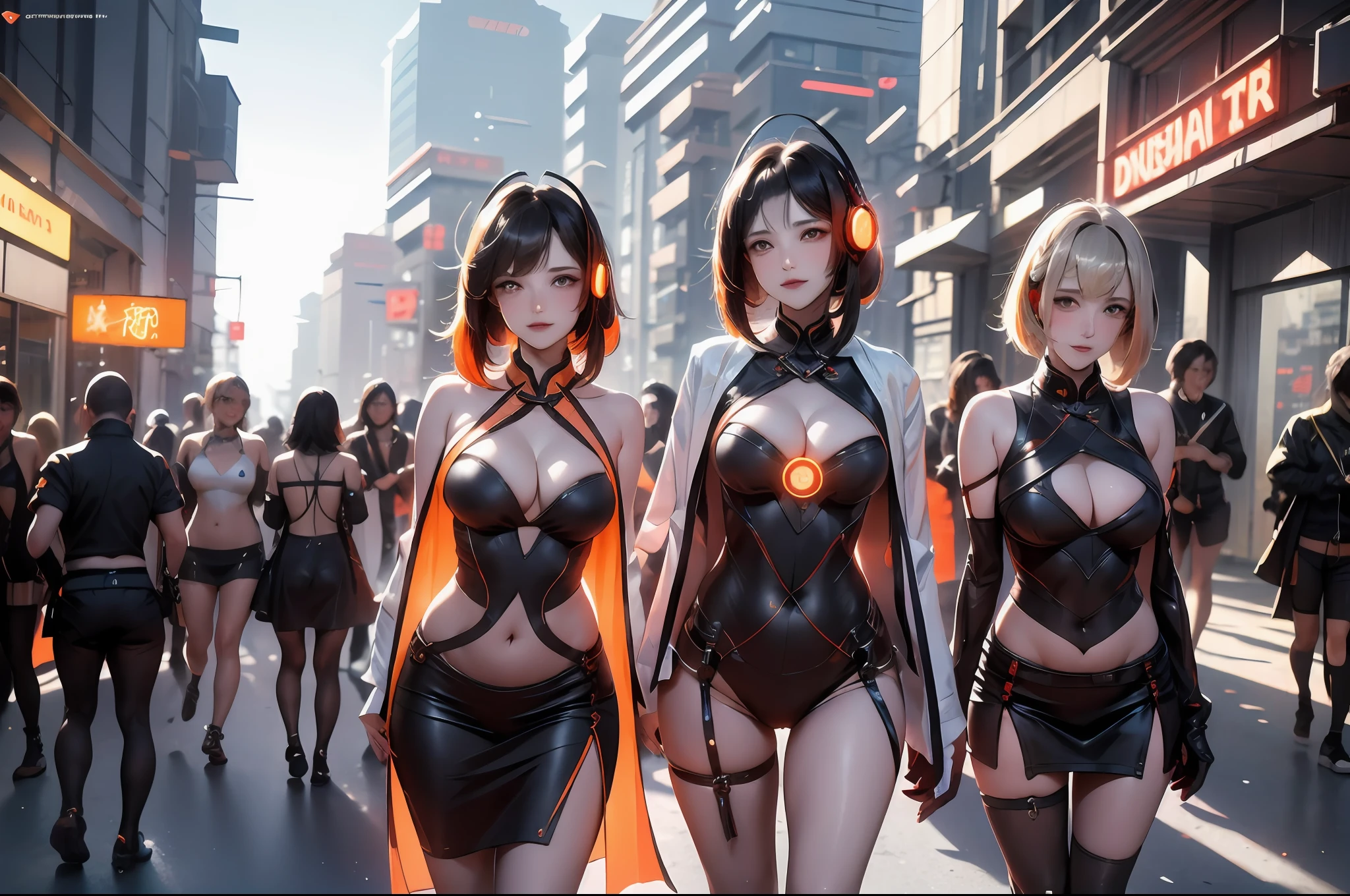 1 girl, Chinese_clothes, metallic black titanium and orange, cyberhan, cheongsam, cyberpunk city, dynamic pose, detailed luminous headphones, glowing hair accessories, long hair, luminous earrings, glowing necklace, cyberpunk, high-tech city, full of mechanical and futuristic elements, futurism, technology, glowing neon, orange, orange light, fluorescent orange, skirt, cape, coat, laser, digital background, urban sky, big moon, with vehicle, best quality, masterpiece, 8K, Character edge light, super high detail, high quality, the most beautiful woman in human beings, slight smile, face facing front and left and right symmetry, ear decoration, beautiful pupils, light effects, visual data, pick and dye orange, dye hair, super detail facial texture, happy and proud, weapon system, mecha style, crowded street passers-by, mechanical wings, super light and shadow