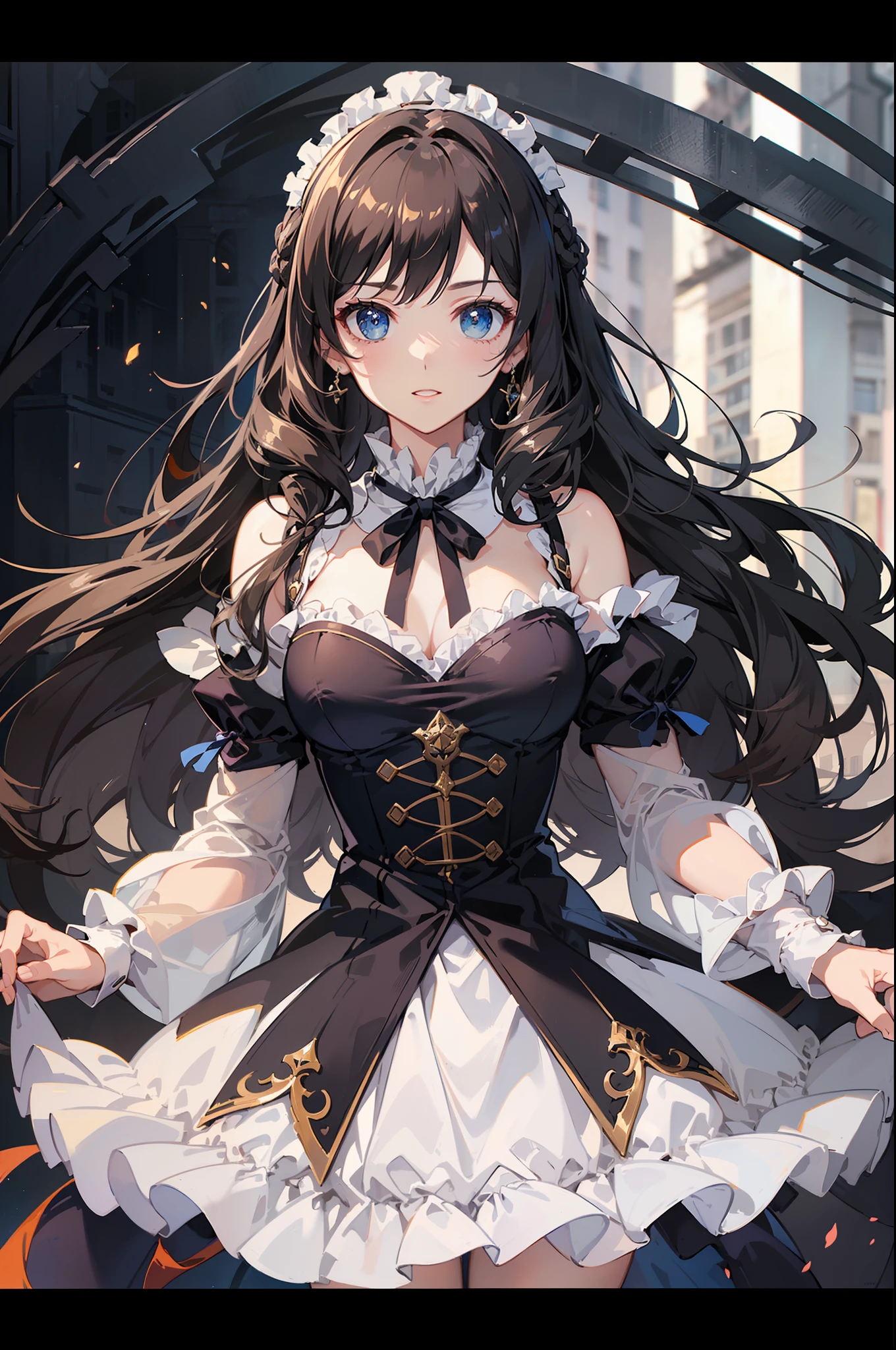 ((masterpiece)))、top-quality、ultra-detailliert、High resolution 8k CG wallpapers、A stunning、delicate and beautiful illustration、dynamic ungle、dynamicposes、(1 girl in)、blue eyess、(brown haired+bright hair:1.3 +curlyhair:1.2 +shorth hair+perfect hair:1.3 +ultra-detailed hair:1.3)、Victorian white linen、not sexy、Ribbon around the neck、beautiful countenance、(fantasy city)、clouds、the setting sun、a panoramic view、watercolor paiting