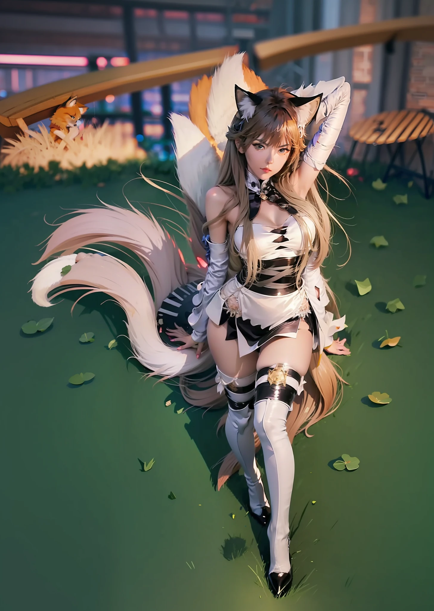 Anime girl cat's paw，fox tails，high-heels，anime catgirl, anime cat girl in a maid costume, black lence stockings，High slit low cut skirt，Cat-eared girl，Best Rated on pixiv, pixiv 3dcg, Extremely detailed Artgerm