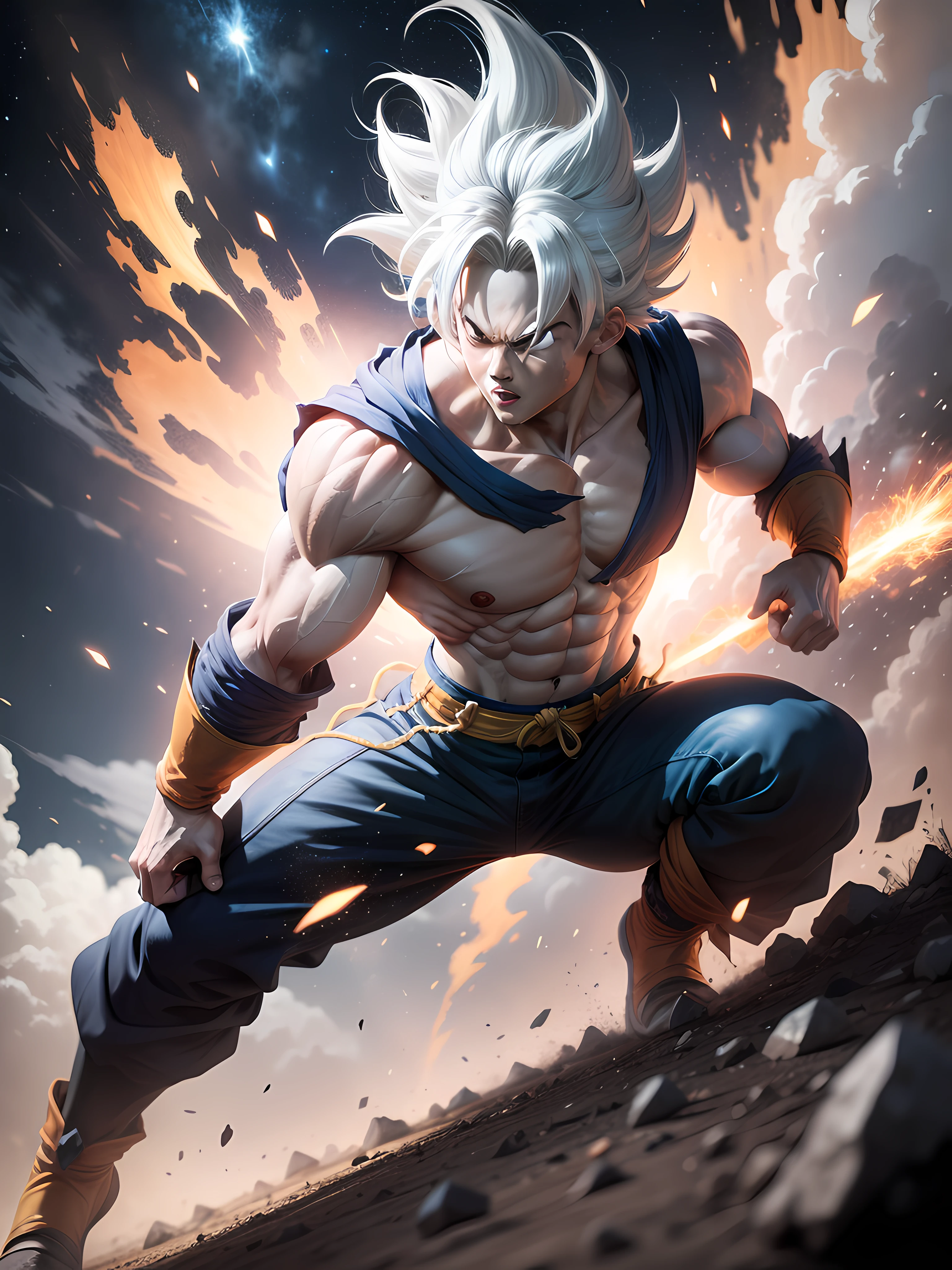 Image of GOKU SUPERIOR INSTINCT with white hair, black and white effect around body, Dark blue sky scenery with stars, detailed image, Ultra realistic, anime version, Explosions and cinematic effects