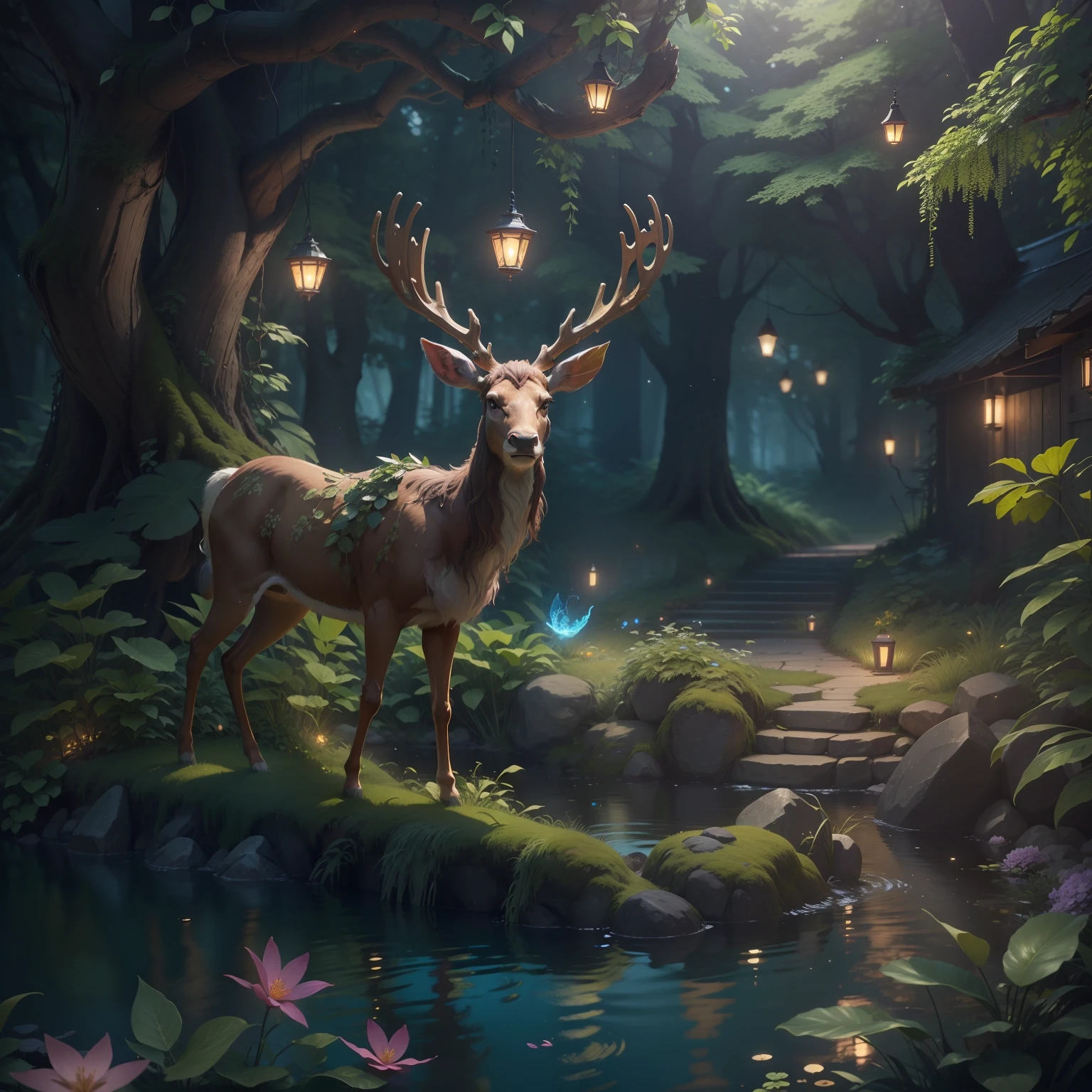Masterpiece, Best Quality, (very detailed CG unified 8k wallpaper), (Best Quality), (Best illustration), (better shadow), Glowing elf with glowing deer, drinking water in swimming pool, Natural elements in the forest theme. Mysterious forest, Beautiful forest, Nature, surrounded by flowers, tender leaves and branches, surrounded by fireflies (Natural elements), (jungle theme), (leaves), (twigs), (Fireflies), (particle fx) and other 3D, Octane rendering, Ray Tracing, Super detailed , beast --v6