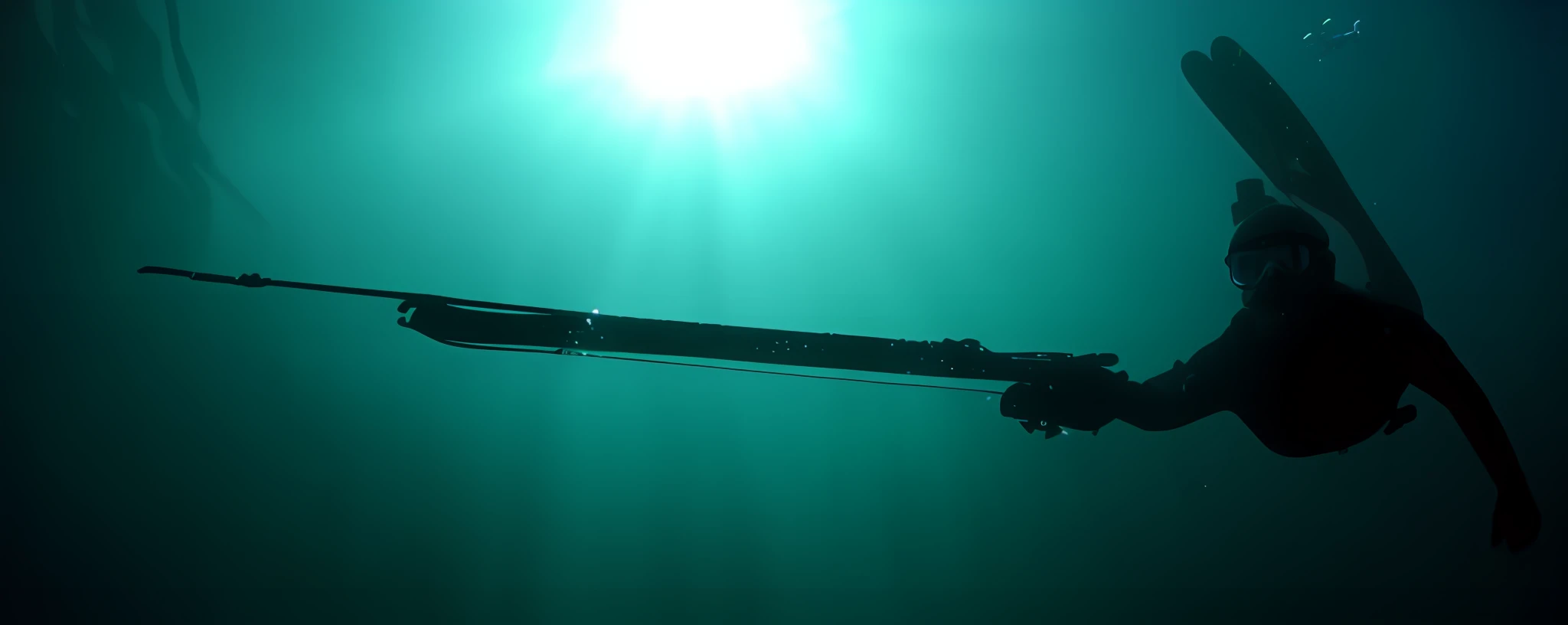 There's a man who's holding a ski in the water, Floating power cables, underwater light rays, vista de baixo, underwater looking up, light rays from the surface, imagem do mar profundo, Underwater perspective, mar embaixo, foto do meio do oceano, visto de baixo, Foto tirada de um barco, suspended underwater, brilho luminoso, view from below