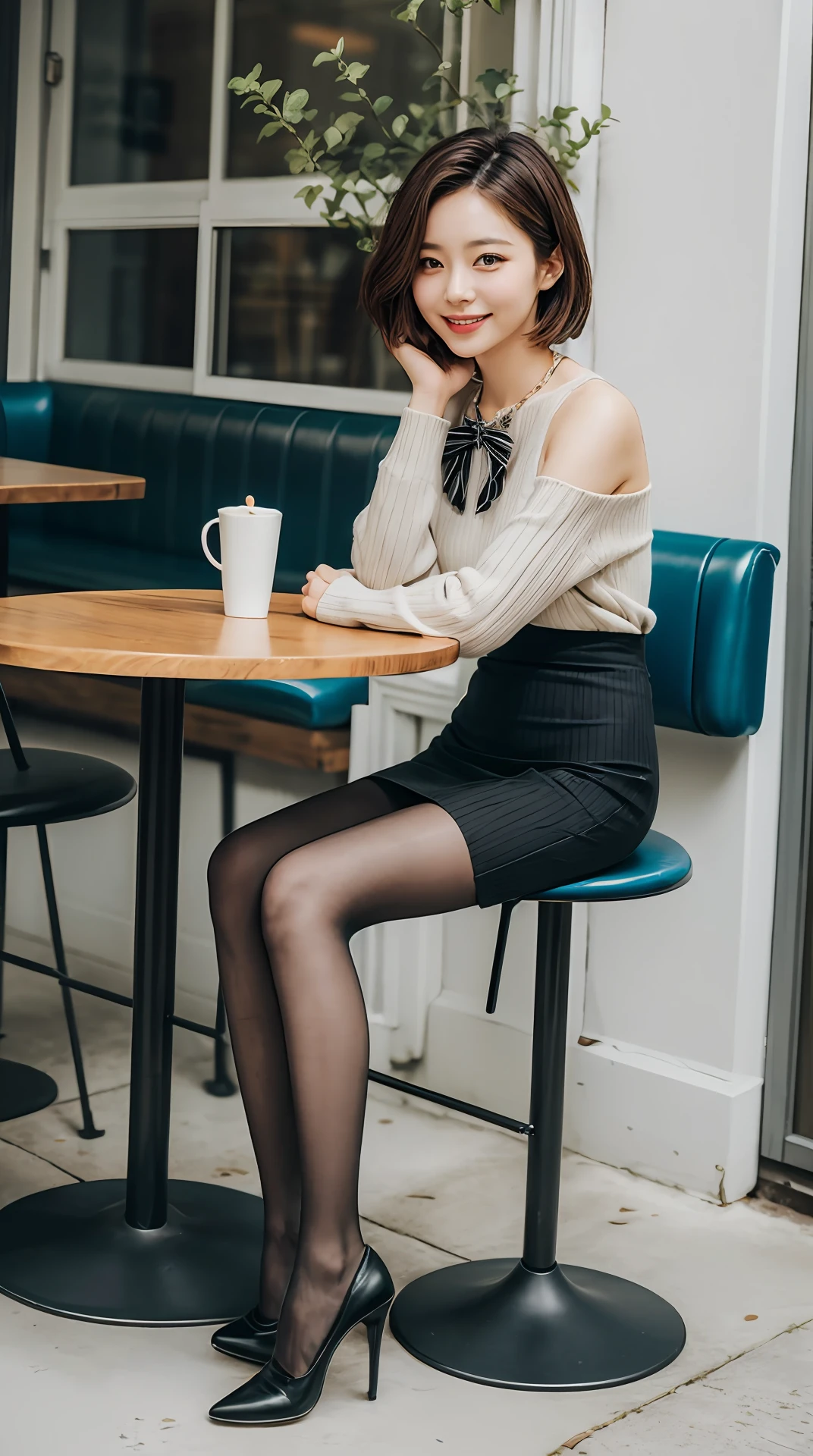 8k uhd, dslr,film grain, Fujifilm XT3,(best quality:1.3), (masterpiece:1.1), high resolution, cinematic light, intricate details, (photorealistic),outside,beautiful outside,sunny,
korean girl,(in cafe:1.5) , dimples, bobcut, looking at viewer, detailed trees, ribbons, bowties, bare shoulders, ribbed sweater, 
pencil skirt, high-waist skirt, head rest, sitting, indoors,
 necklace,black pantyhose, sheet transportation sweater, (smile),(full body:1.6),slender,