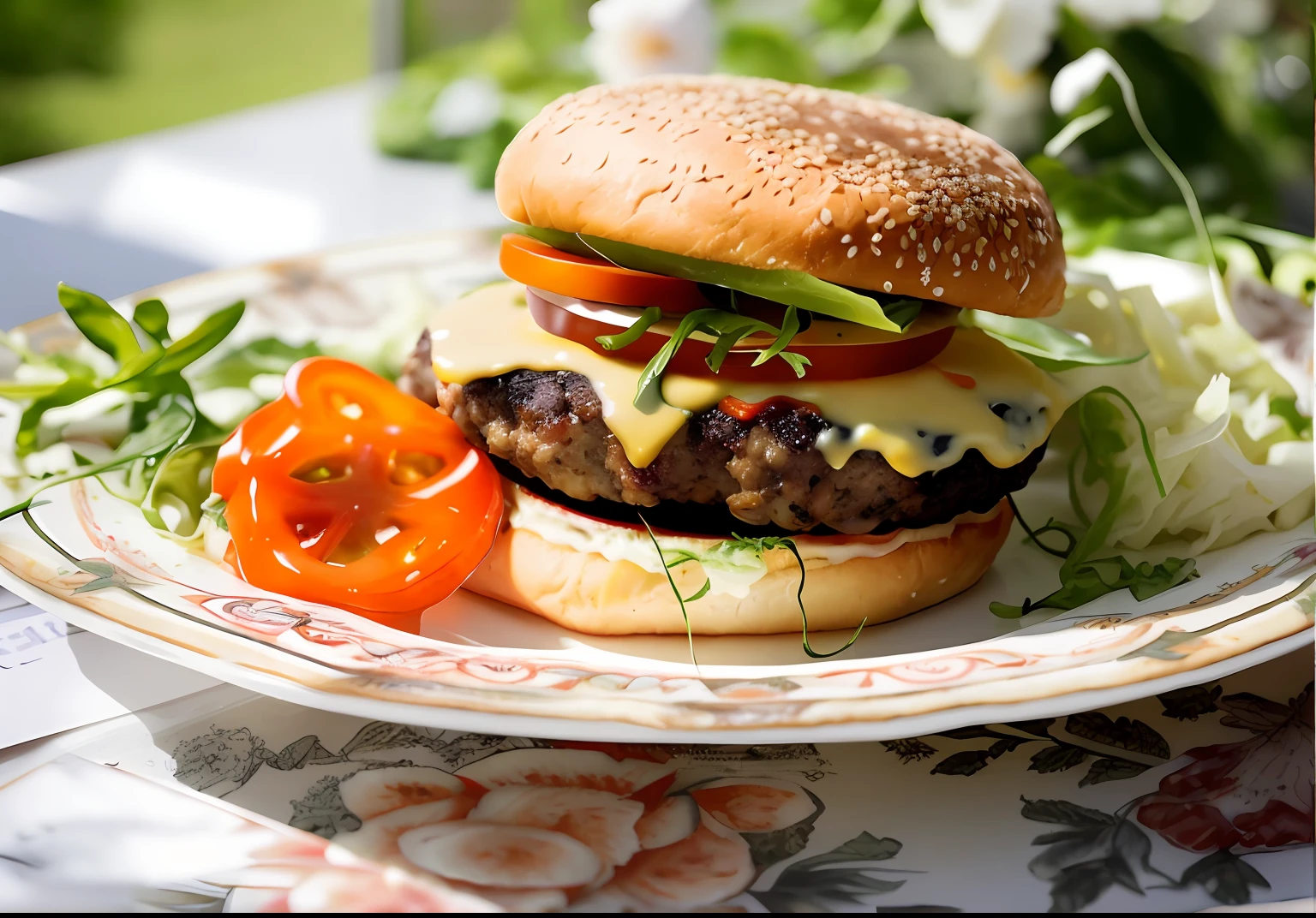 There's a burger with cheese and tomato on a plate, burger on a plate, cheeseburguer, burger, Fotografia de comida de alta qualidade, burger, fotografia profissional de alimentos, Directed by: Dietmar Damerau, burger with a mouth, fotografia de alimentos, Delicious burger with sesame seeds, NCIS, foto blog de comida, alimento, serving burgers, Directed by: Joe Bowler, Fotografia de Comida Gourmet