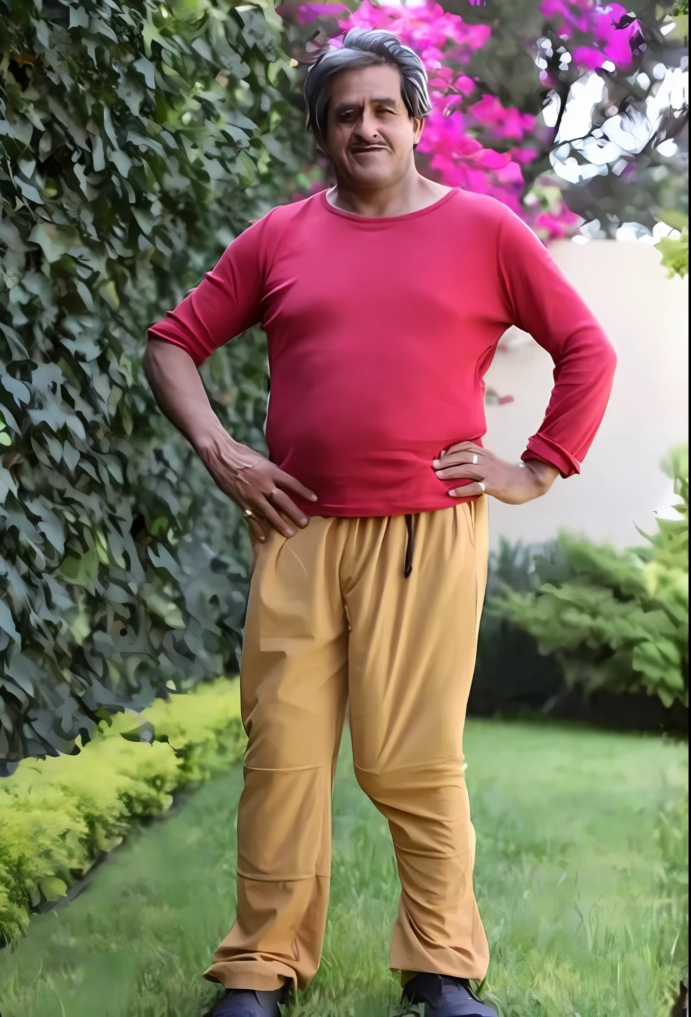 A closeup of a man standing in a backyard with his hands on his hips, vestindo roupas vermelhas e amarelas, red shirt brown pants, fotografia de corpo inteiro, ele tem cerca de 6 0 anos de idade, ele tem cerca de 60 anos, vestido com roupas longas e fluentes, ele tem cerca de 7 0 anos de idade, usando roupas sujas de viagem, imagem de corpo inteiro