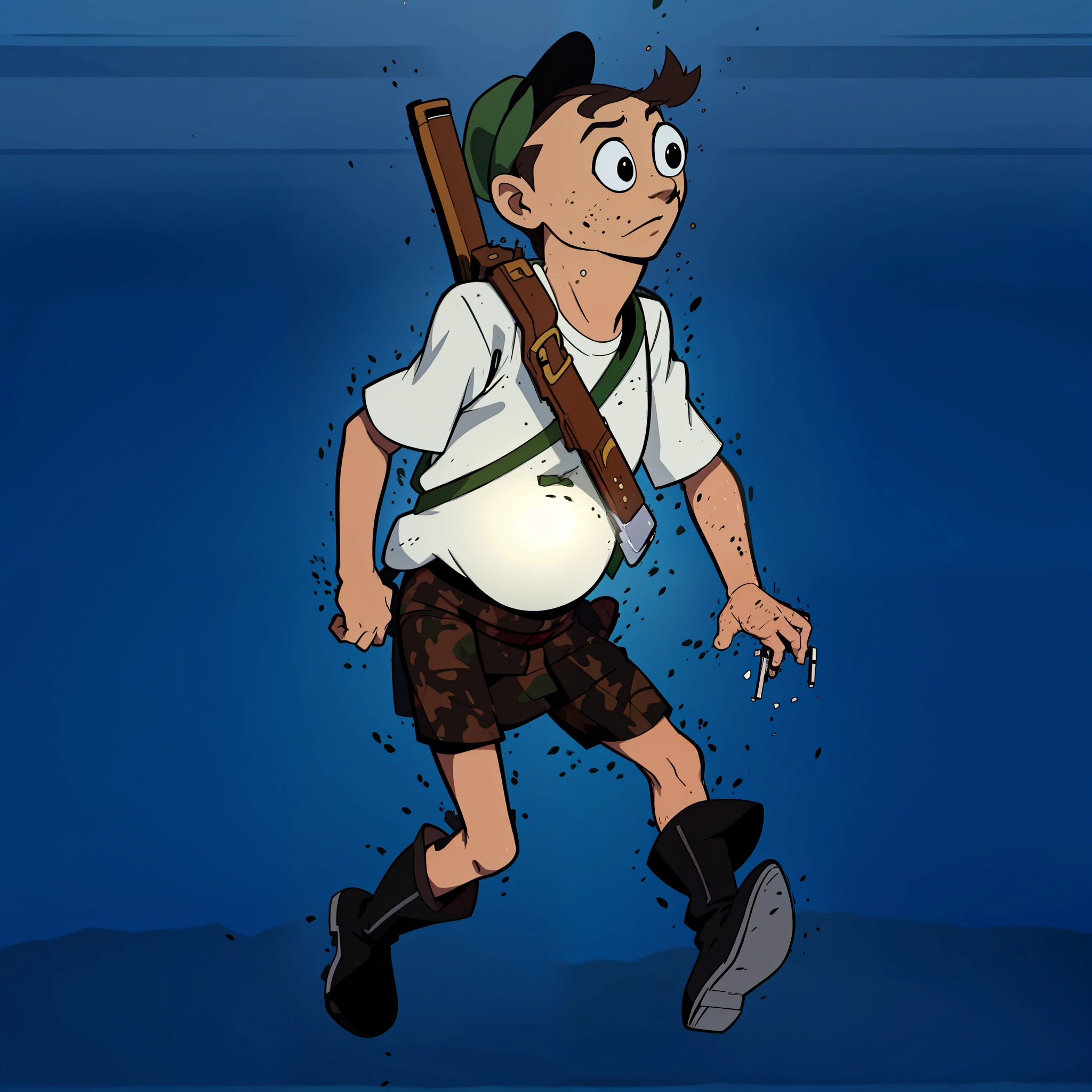 A cartoon character of  hunter wearing gun, wearing long boots, traditional burmese, forest background, white shirt, wearing hat, clear face, no blur face,