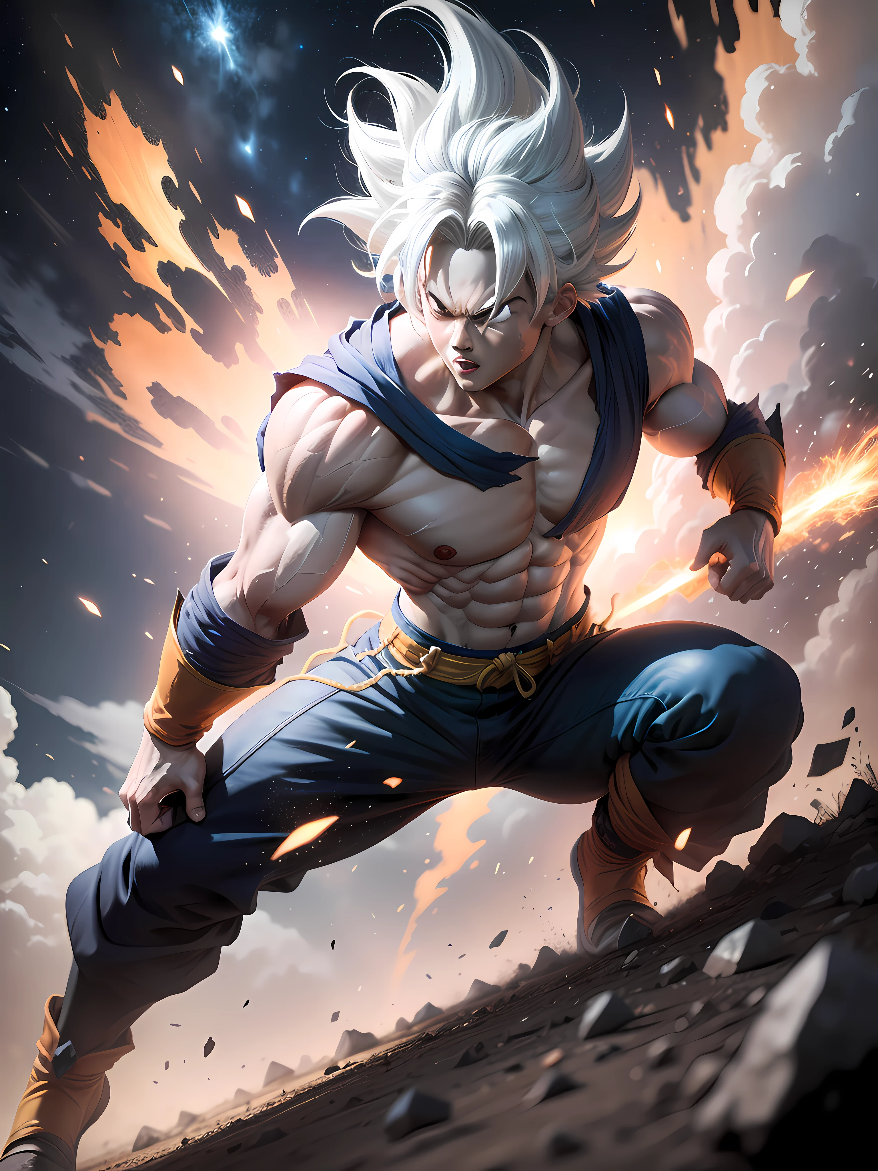Image of GOKU SUPERIOR INSTINCT with white hair, black and white effect around body, Dark blue sky scenery with stars, detailed image, Ultra realistic, anime version, Explosions and cinematic effects