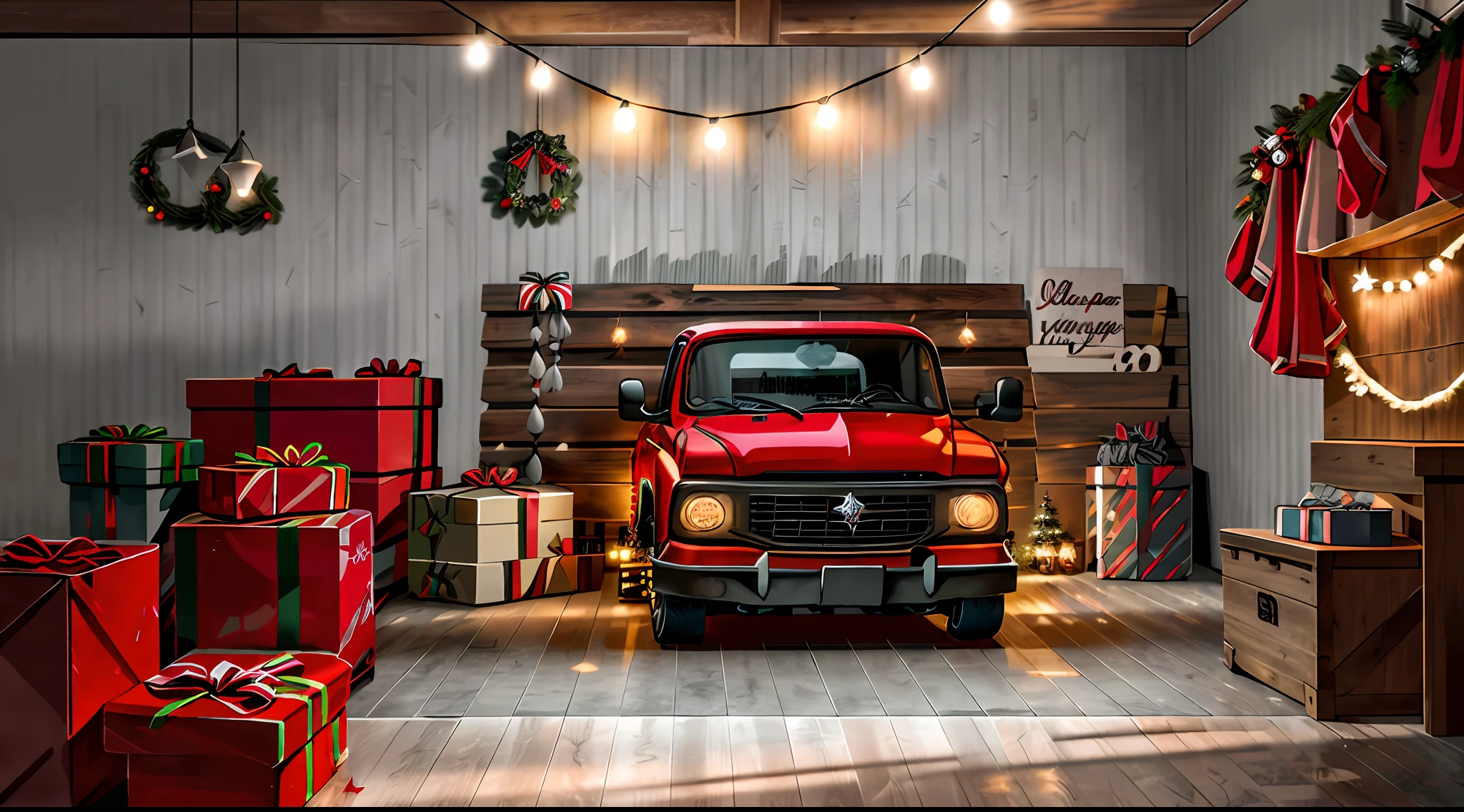 Dark scene inside garage at night｜Wooden wall background｜Grey cement floor｜A red pickup truck full of Christmas presents，The headlights are on，Facing the screen｜Rich variety of Christmas decorative furniture｜Highly decorative scenes｜American farm style｜vintagestyle｜Christmas atmosphere｜interior photography｜A high resolution