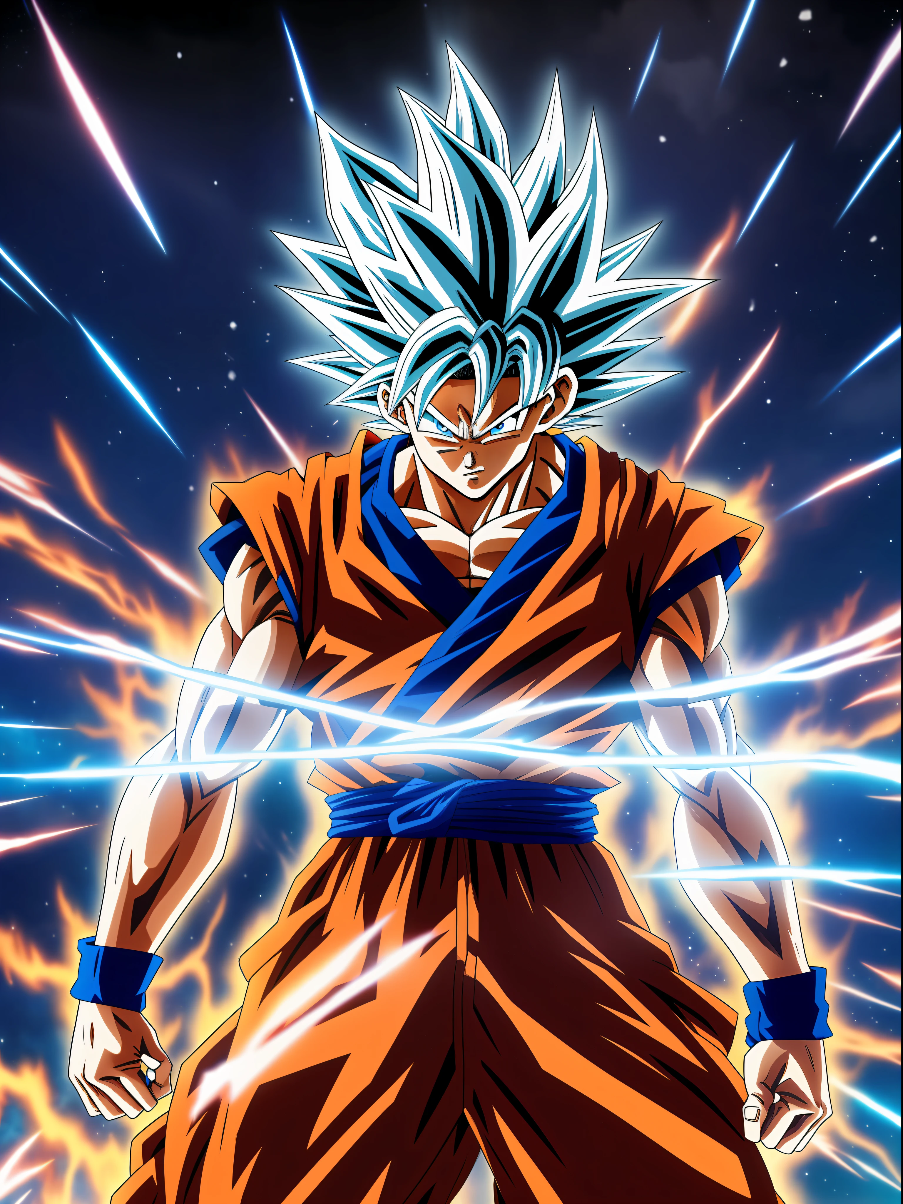 Imagem de GOKU INSTINTO SUPERIOR cpom cabelo branco efeito preto e branco, Dark blue sky scenery with stars, imagem detalhada, Ultra realista, anime version, Explosions and cinematic effects