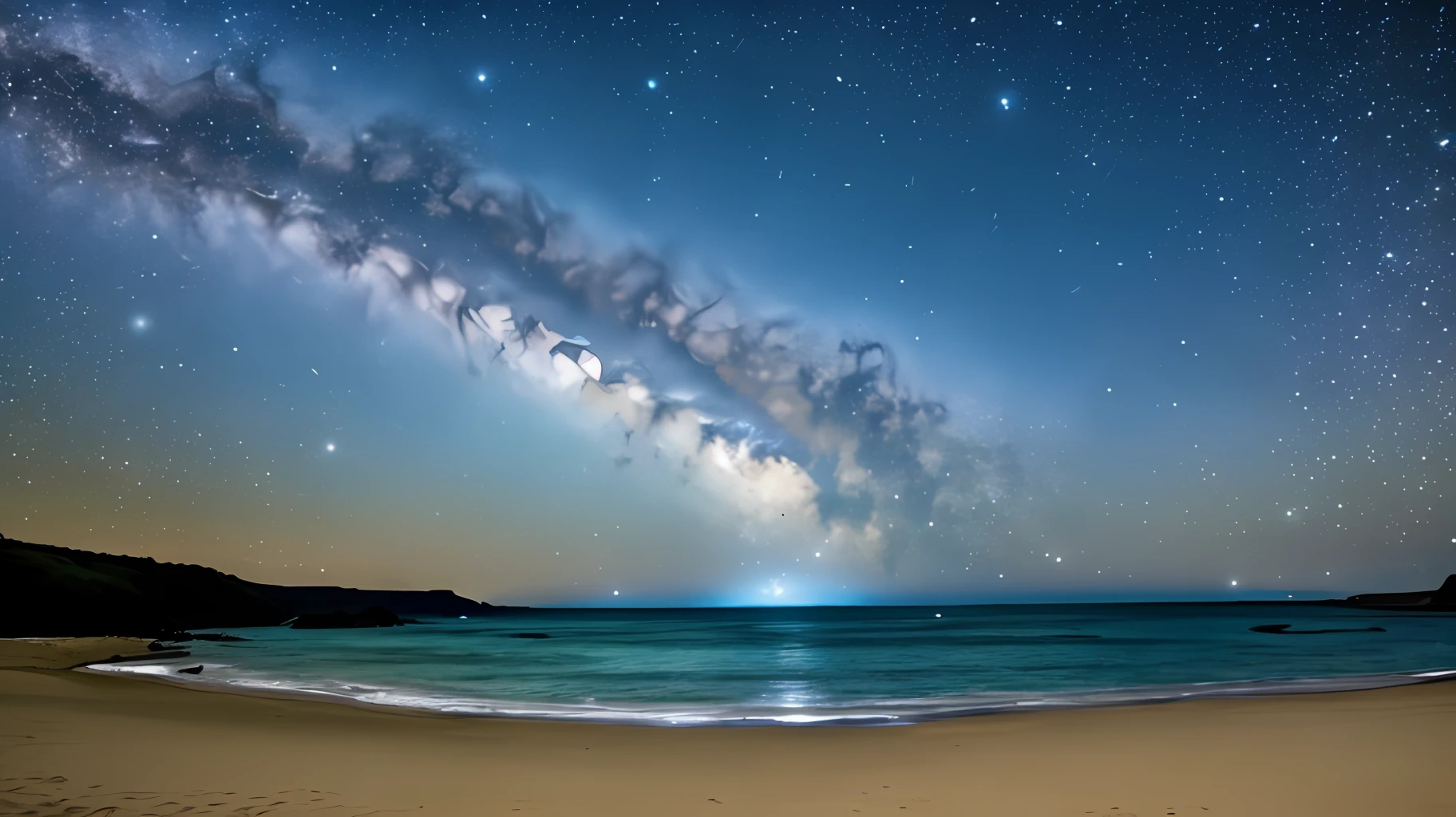 Starry sky showing sea and sandy beach
Like live-action