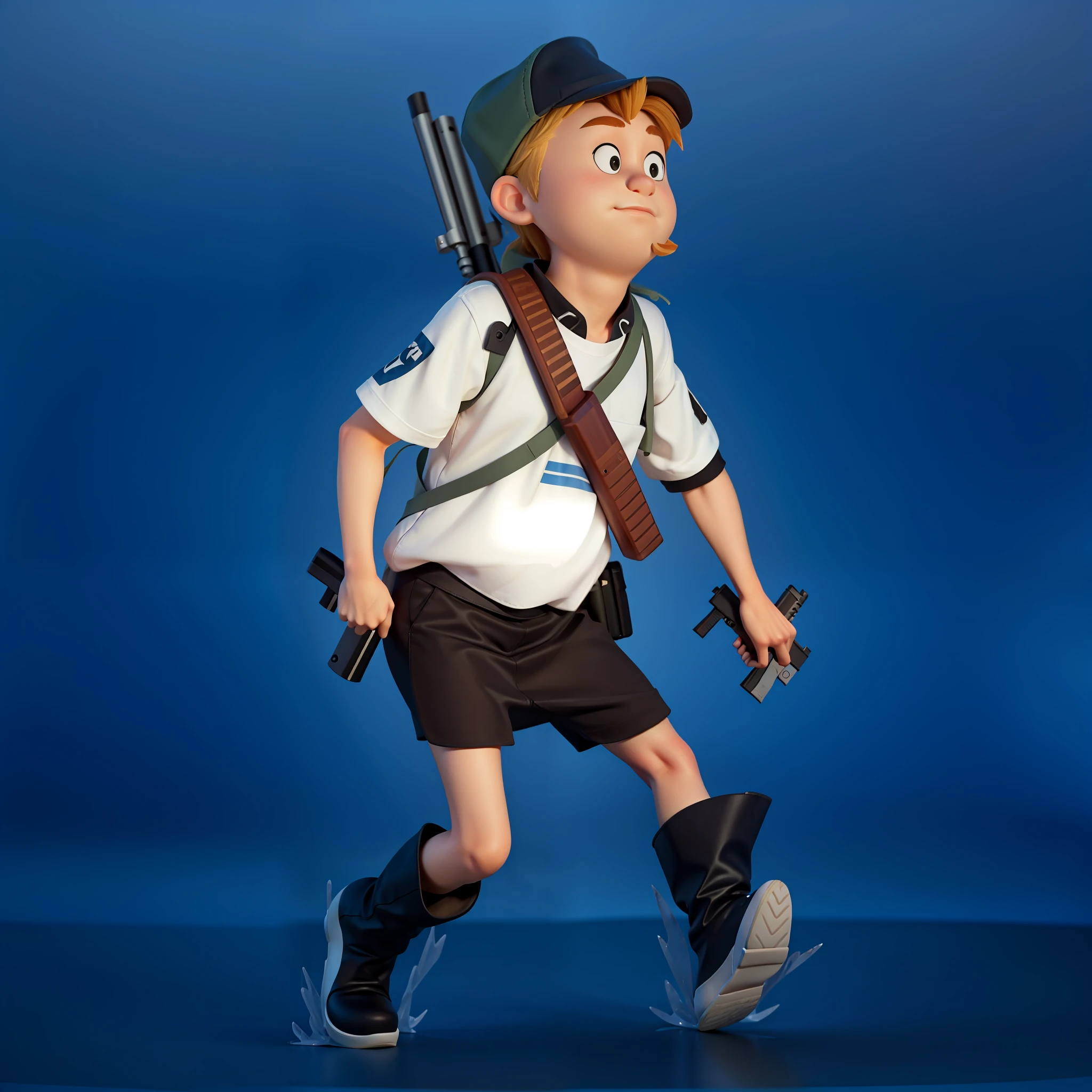 A cartoon character of hunter wearing gun, wearing long boots, traditional burmese, forest background, white shirt, wearing hat, clear face, no blur face,