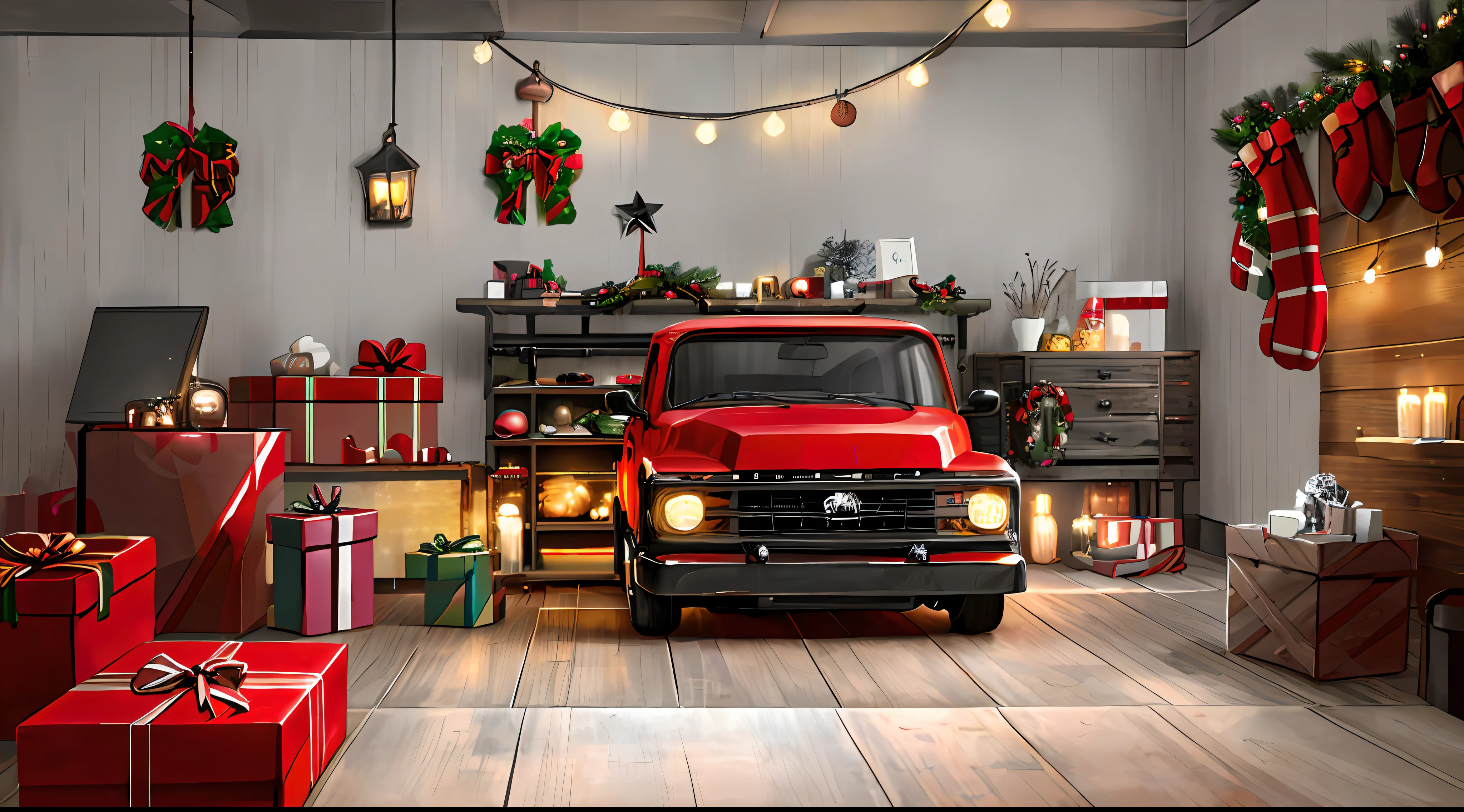 Dark scene inside garage at night|Wooden wall background|Grey cement floor|A red pickup truck full of Christmas presents,The headlights are on,Facing the screen|Rich variety of Christmas decorative furniture|Highly decorative scenes|American farm style|vintagestyle|Christmas atmosphere|interior photography|A high resolution