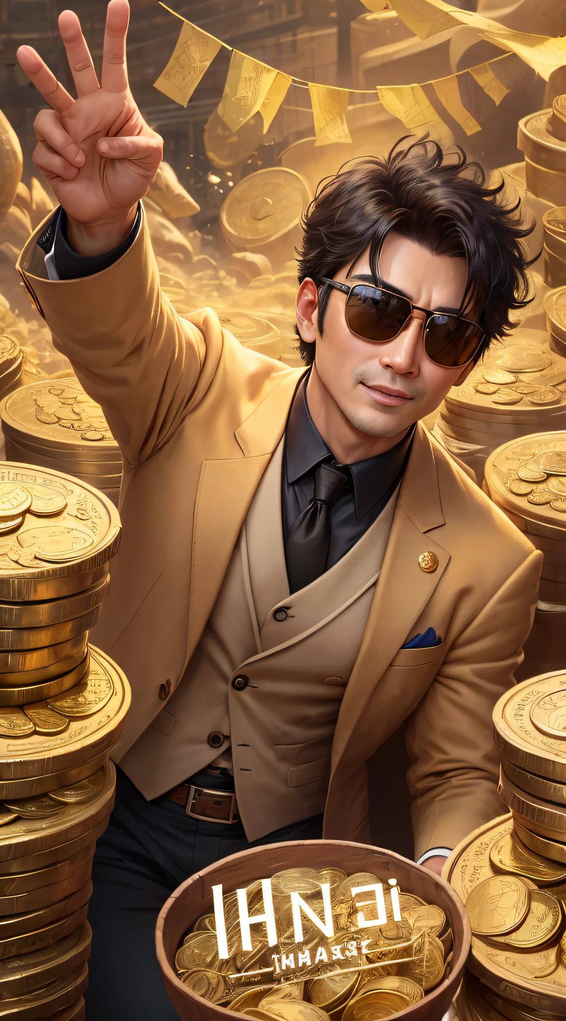 (a poster), bumper harvest, Best quality, Super detailed, illustration, The graph is centered, Young and middle-aged men in Asia,Successful people, upperbody closeup, Boss, Wearing sunglasses, suit, Head down, Happy expression, celebrating, Many gold coins,money, cheer, comfortable, Hold funds, jin shan, wide - angle shot, Top-down shooting, distance, (far away from camera), Many gold coins in the background,Golden vibe