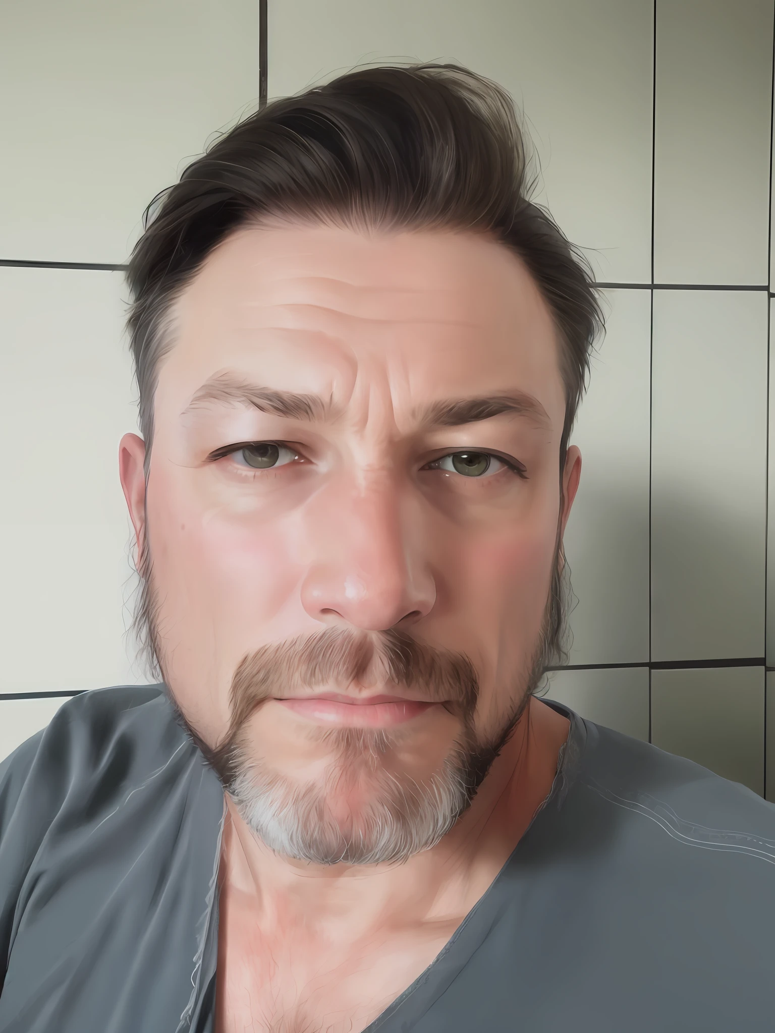 there is a man with a beard and a gray shirt, foto de um homem branco de 50 anos, Homens de 45 anos, Homem de 4 0 anos, Fotografia selfie 8k, Homem de 5 0 anos, selfie de um homem, com nariz estreito, rosto humano real com pele, 38 anos, nariz pequeno virado para cima, cara muito feia