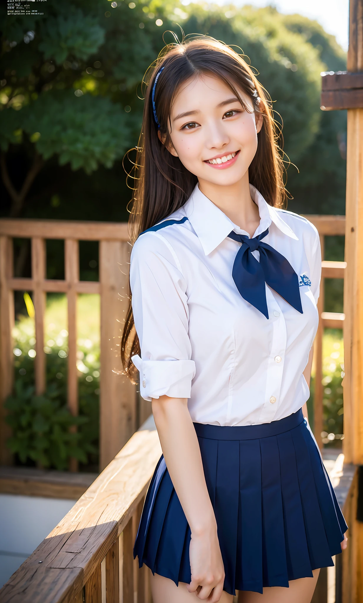 Character center、skinny legs、poneyTail、Extraordinary Beauty、Cute face、The best smile、Cute smile、frontage、slender、straight haired、schools、ulzzang-6500-v1.1, (Raw foto:1.2), (Photorealsitic:1.4), a beautiful detailed girl, extremely detailed eye and face, beatiful detailed eyes, huge filesize, hight resolution, ighly detailed, top-quality, masterpiece, ((Japanese girls' high school uniform)), ighly detailed, CG, 8k wallpaper, magnifica, finely detail, top-quality, Highly detailed CG uniforms、 Light on the face、电影灯光、16yo girl、